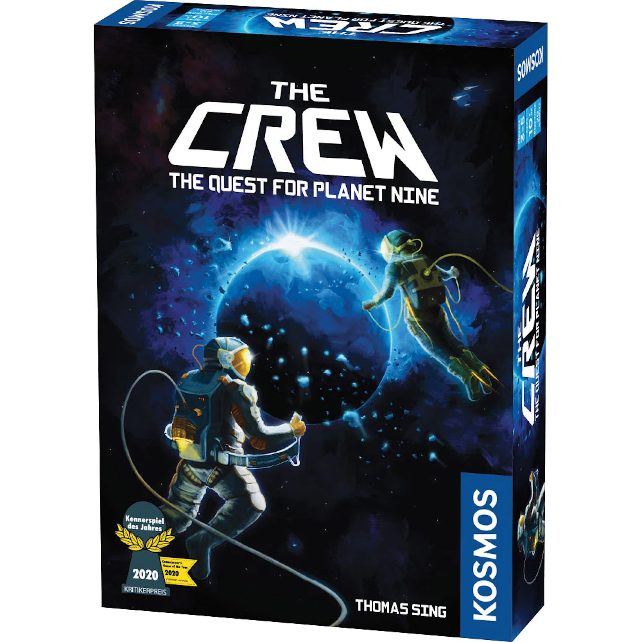 Board game box cover for 'The Crew: The Quest for Planet Nine' featuring illustrations of astronauts and a space theme.