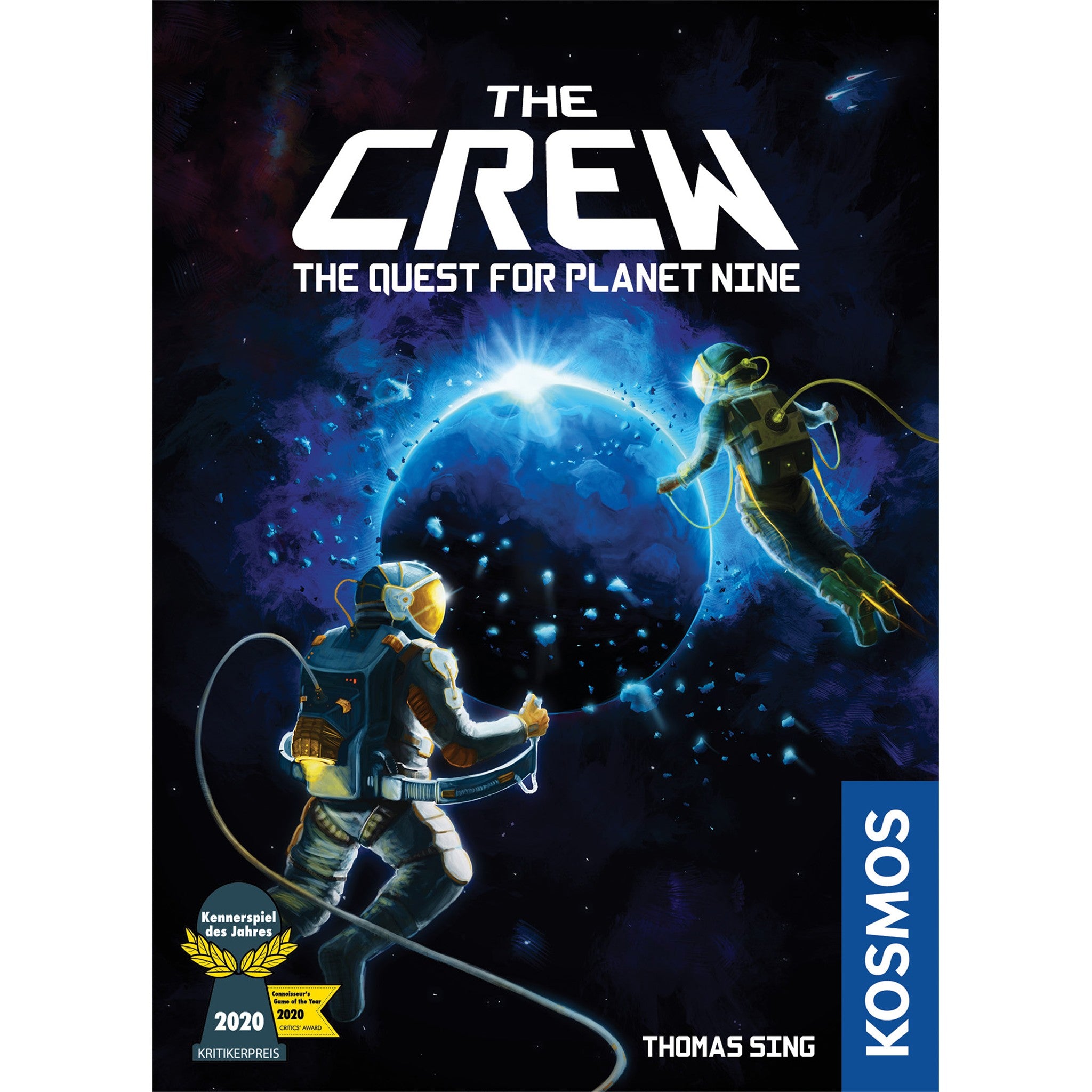 Board game box cover for 'The Crew: The Quest for Planet Nine' featuring illustrations of astronauts and a space theme.