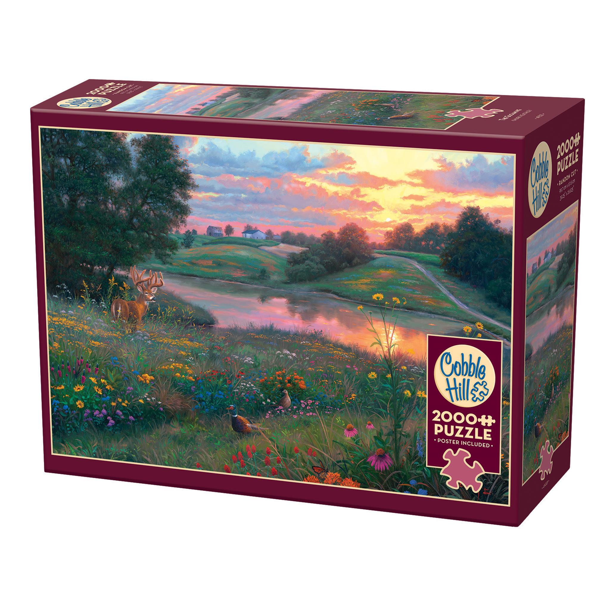 At sunset, the sky transforms into a breathtaking palette of pinks and oranges. Green fields, bursting with colorful flowers, stretch out under the serene evening light. Pheasants and deer wander freely across the tranquil pasture.
