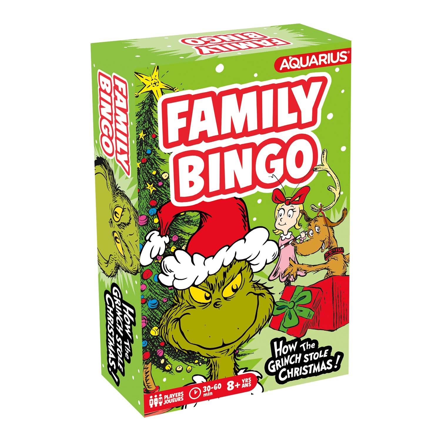 A box of 'Family Bingo' featuring the original characters from The Grinch, indicating themed content for holiday festivities.