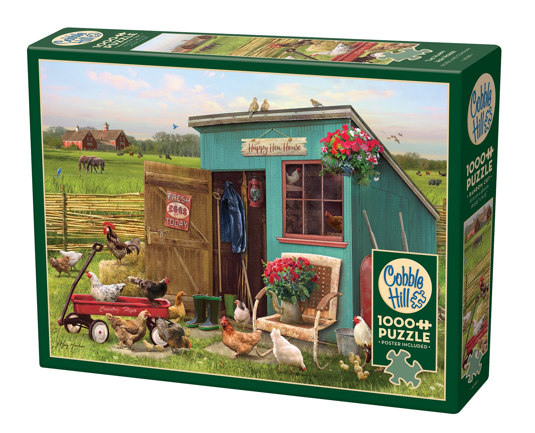 A 1000 piece Cobble Hill puzzle box featuring an illustration of a green hen house with chickens and a red wagon in a field.