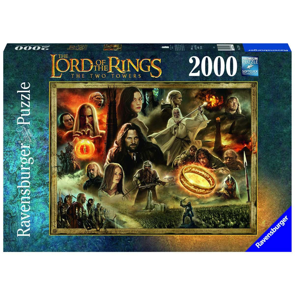 A 2000-piece jigsaw puzzle featuring characters and scenes from 'The Lord of the Rings: The Two Towers' movie.