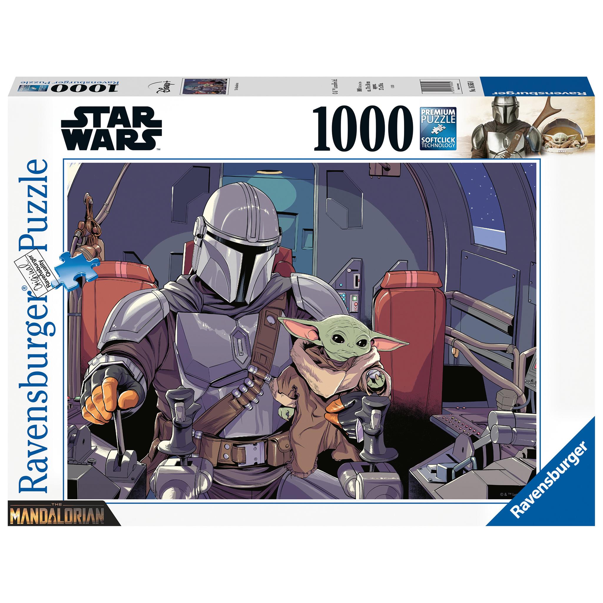 A 1000 piece jigsaw puzzle depicting a scene from the Mandalorian series with the character Grogu sitting in a seat next to a character in a Mandalorian helmet.