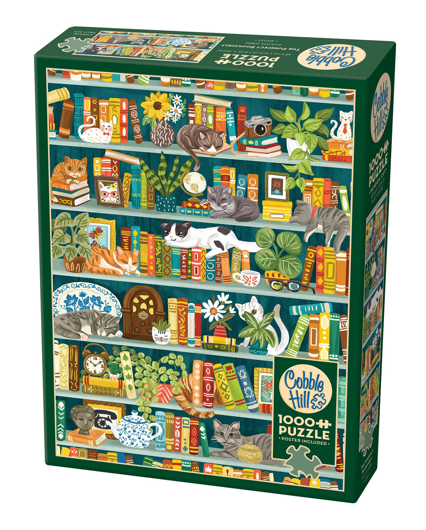 A 1000 piece Cobble Hill jigsaw puzzle box featuring an illustrated whimsical fantasy bookcase scene with flora, felines, and vintage objects.