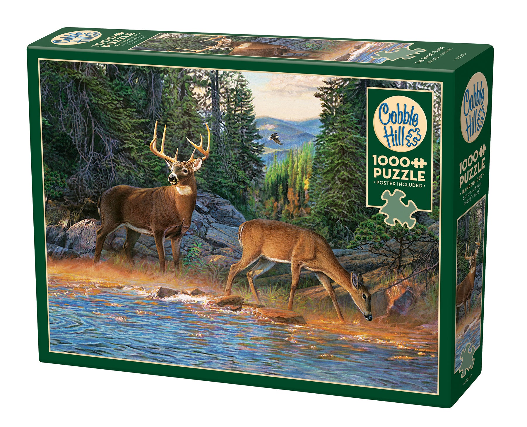 A 1000 piece jigsaw puzzle box featuring an image of deer and an eagle in a natural landscape with mountains and a stream.