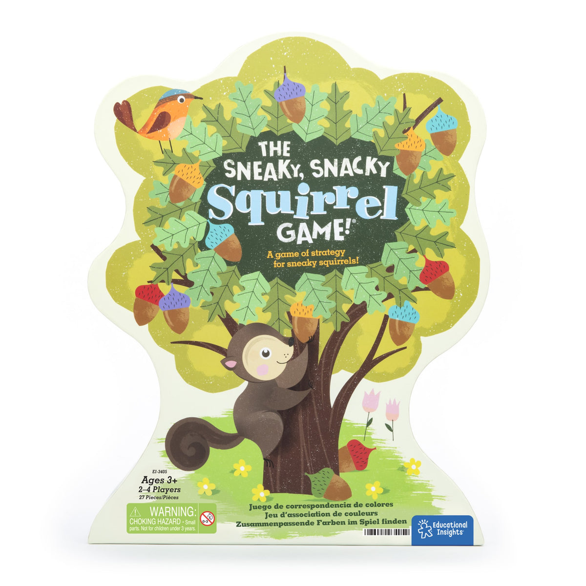 Packaging for 'The Sneaky, Snacky Squirrel Game' featuring illustrations of squirrels, acorns, and a tree.
