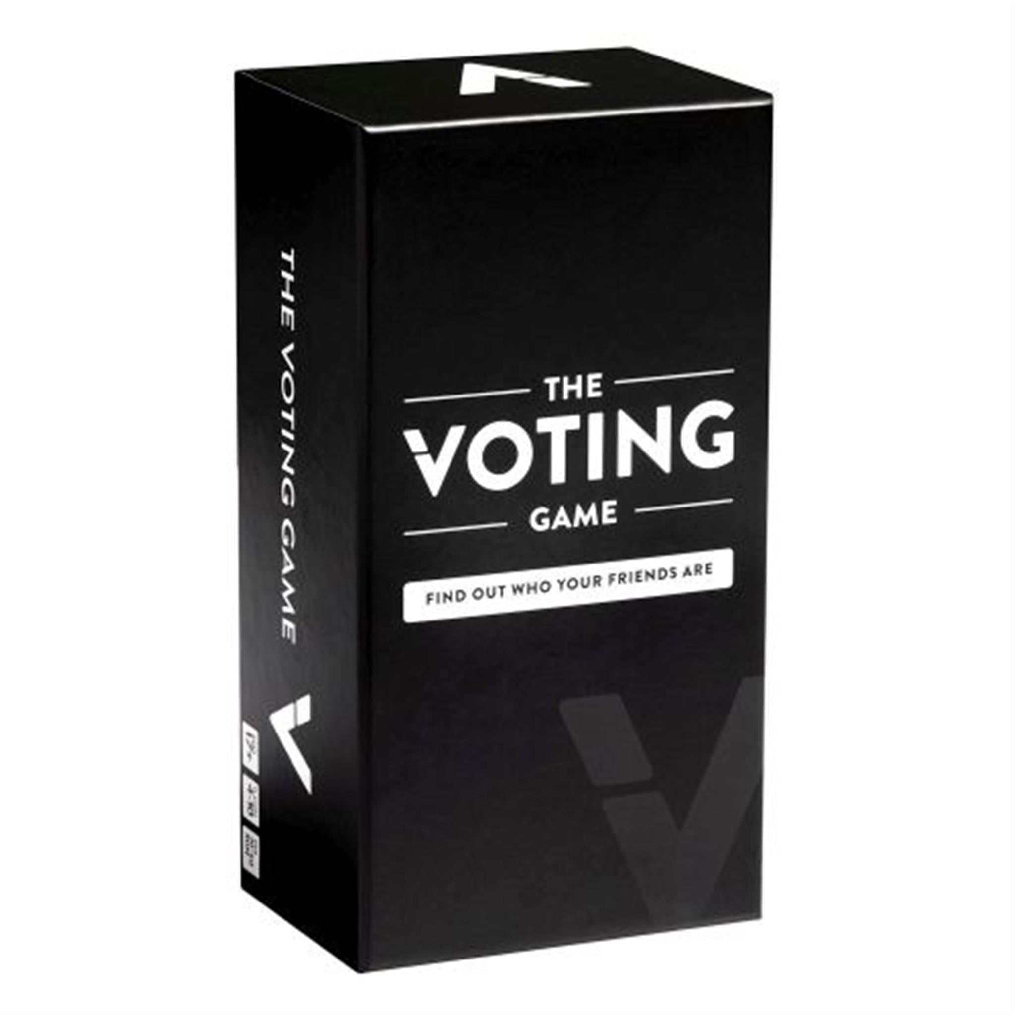 The image shows a black box packaging for 'The Voting Game'. The box is minimalistic with white text and design elements, stating the title and the tagline 'Find out who your friends are'.