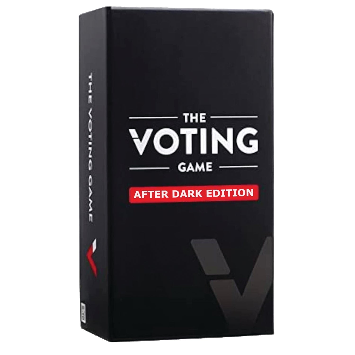 The image shows the packaging of 'The Voting Game After Dark Edition'. The box is black with white and red text, and the game's title is prominently displayed on the front.