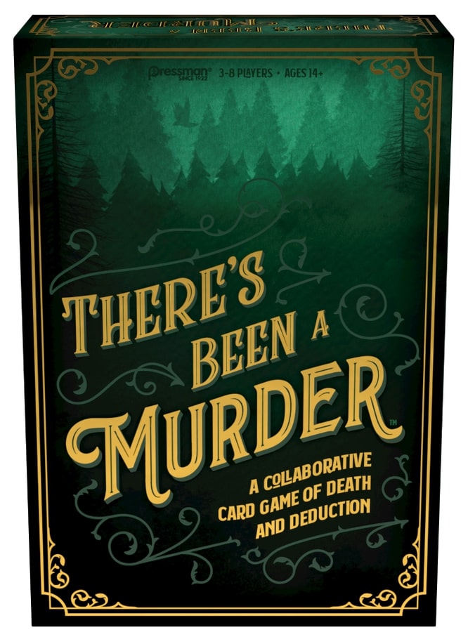 Board game box cover for 'There's Been a Murder' featuring a green backdrop with text and a illustration of a tree and house.