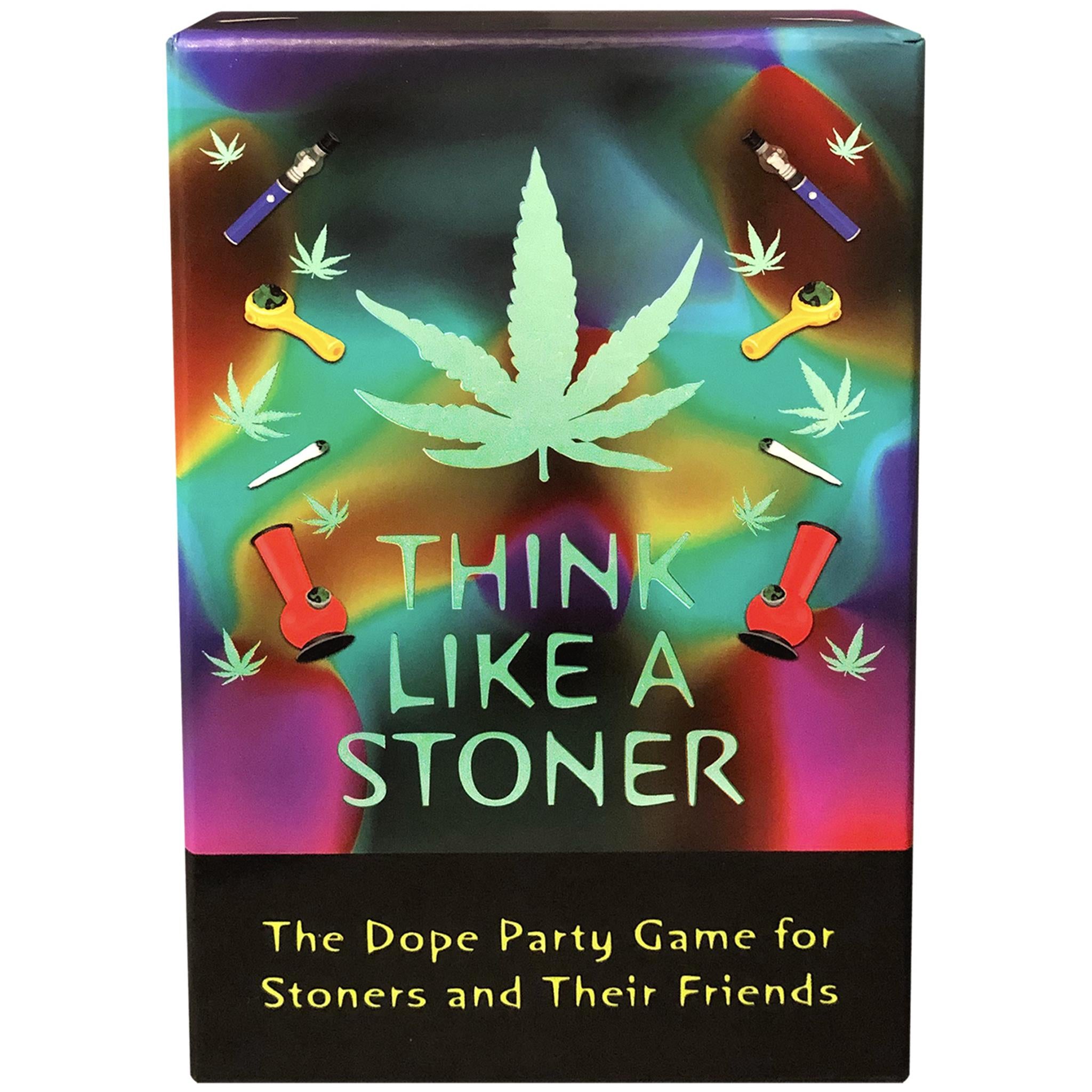 The product image shows the packaging of 'Think Like A Stoner', which features a colorful design with weed leaves, a joint, and a bong. The box is predominantly black with vibrant, multi-colored text and graphics.