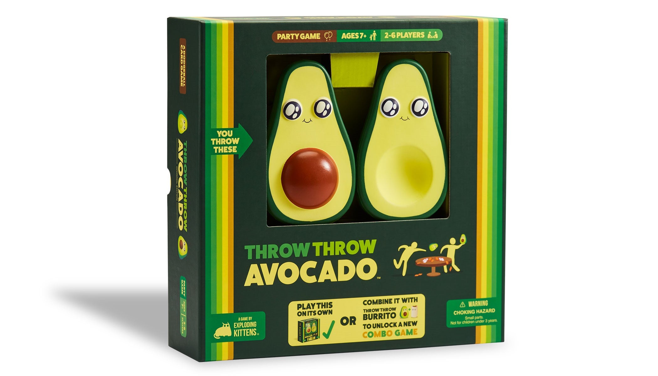Box packaging for the game 'Throw Throw Avocado', featuring images of two toy avocados and text detailing the game name and age range.