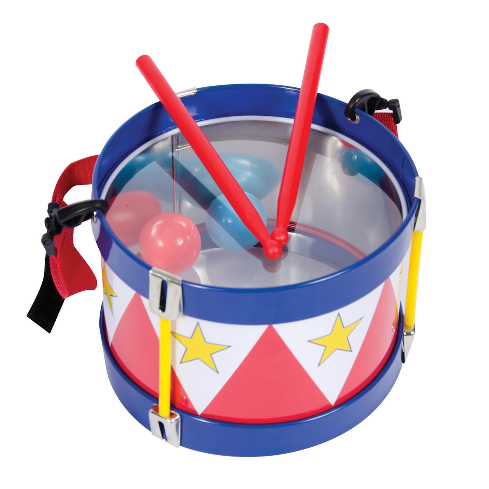 A colorful tin drum with a clear head, red and blue stripes, yellow stars, and including two plastic drumsticks.