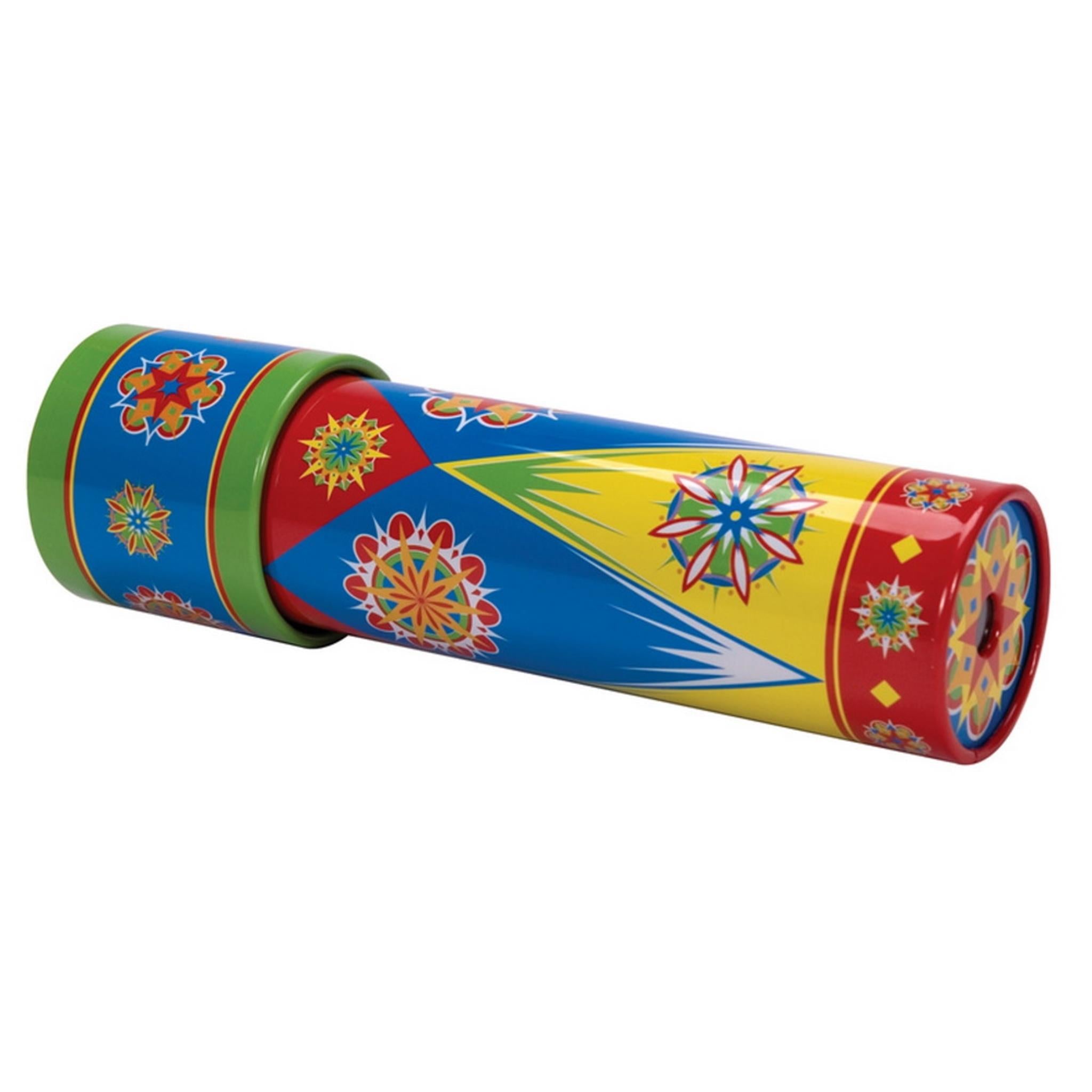 A colorful tin kaleidoscope with geometric patterns