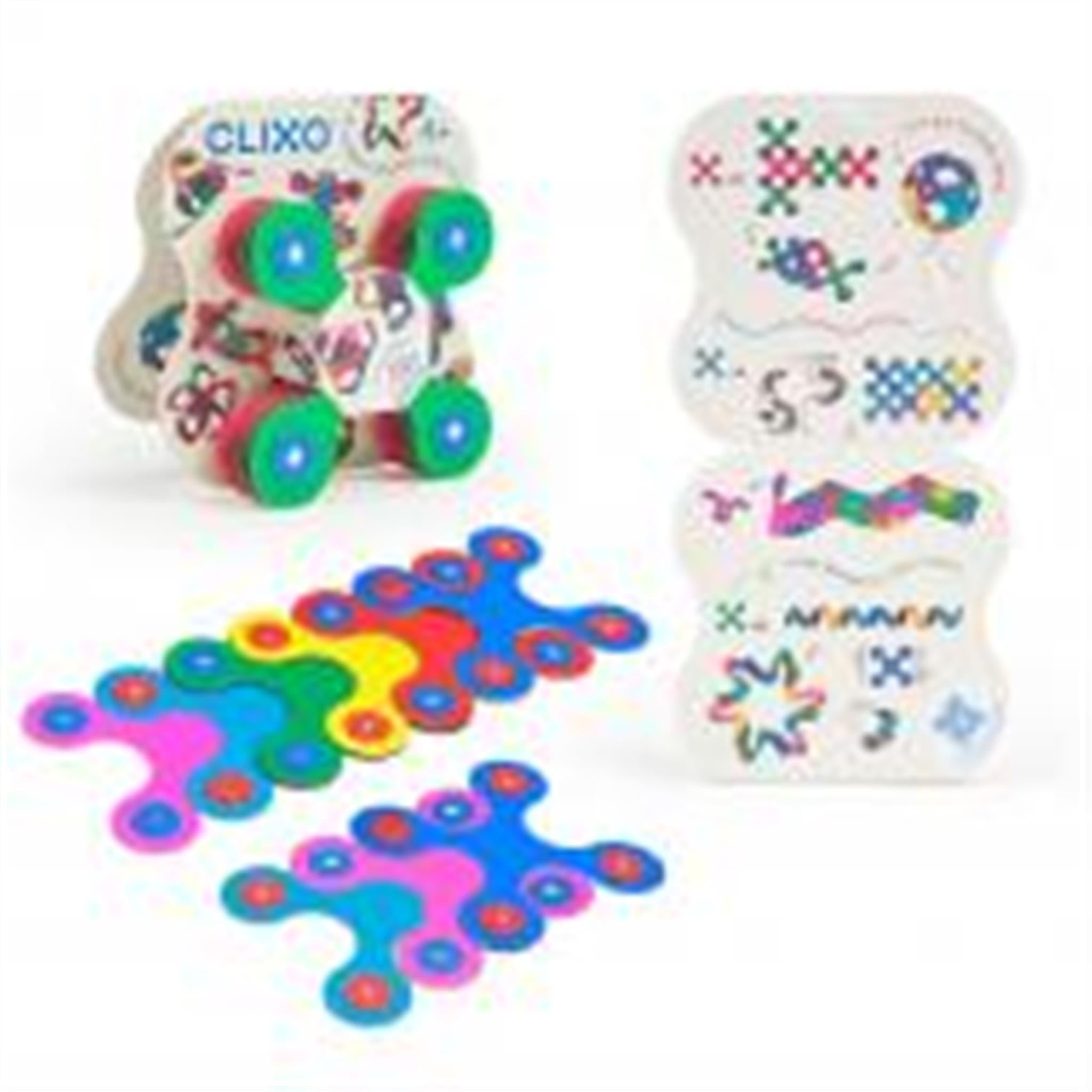 An image featuring a construction set toy called Clixo, with colorful interlocking pieces arranged in a variety of shapes such as a snake, crown, and ball.