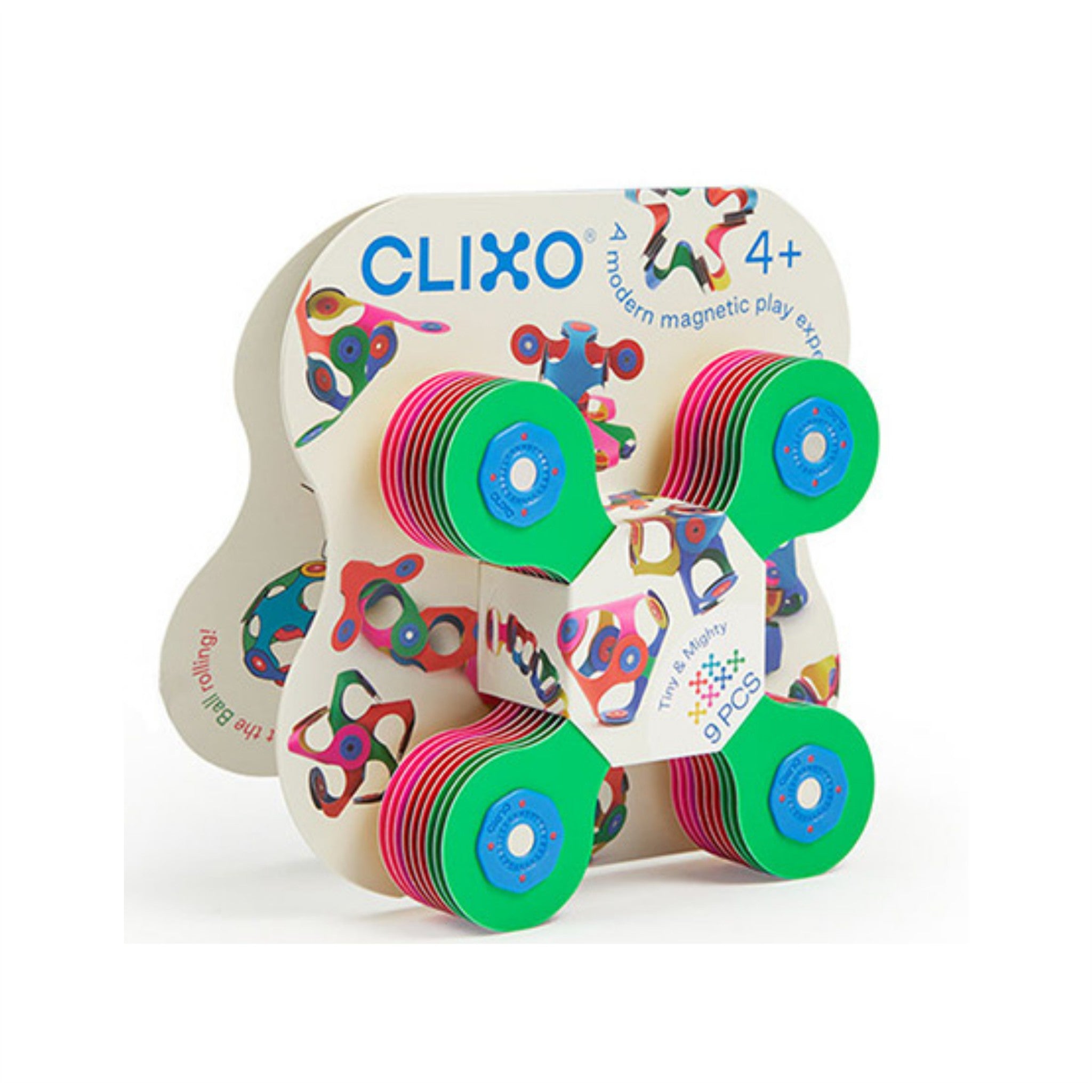 An image featuring a construction set toy called Clixo, with colorful interlocking pieces arranged in a variety of shapes such as a snake, crown, and ball.