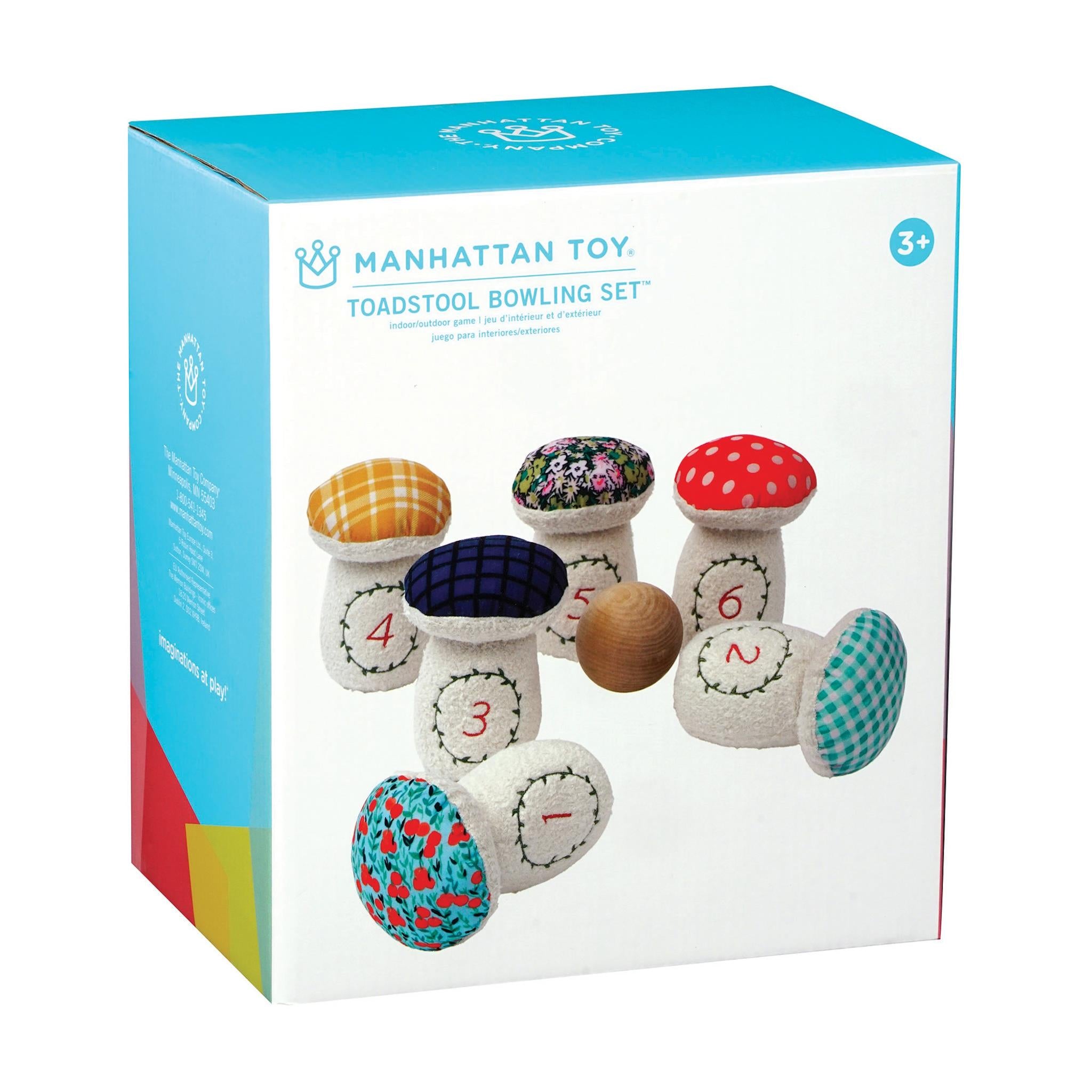 A packaged Toadstool Bowling Set by Manhattan Toy, featuring six fabric toadstool pins with numbered backs and a wooden ball, displayed in a colorful box.
