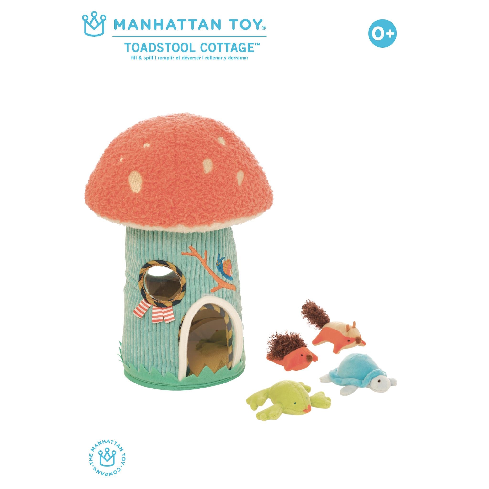 A colorful mushroom-shaped playset called Toadstool Cottage with four small animal figures inside, including a squirrel, turtle, hedgehog, and frog. The set is designed for babies and toddlers.