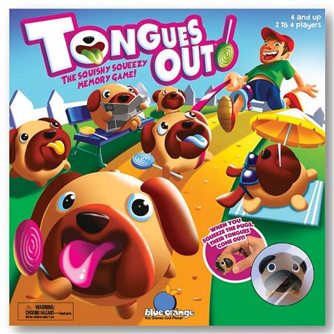 Cover of the board game 'Tongues Out' featuring cartoon dogs with lollipops and the text of the game description.