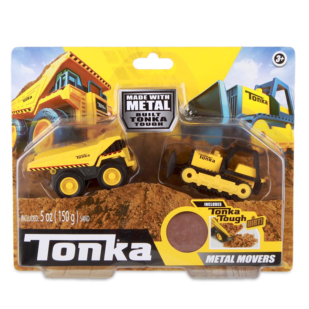 Packaging for Tonka Metal Movers toy set, featuring two diecast vehicles and construction dirt, with 'Made with Metal' and 'Tonka Tough' branding.