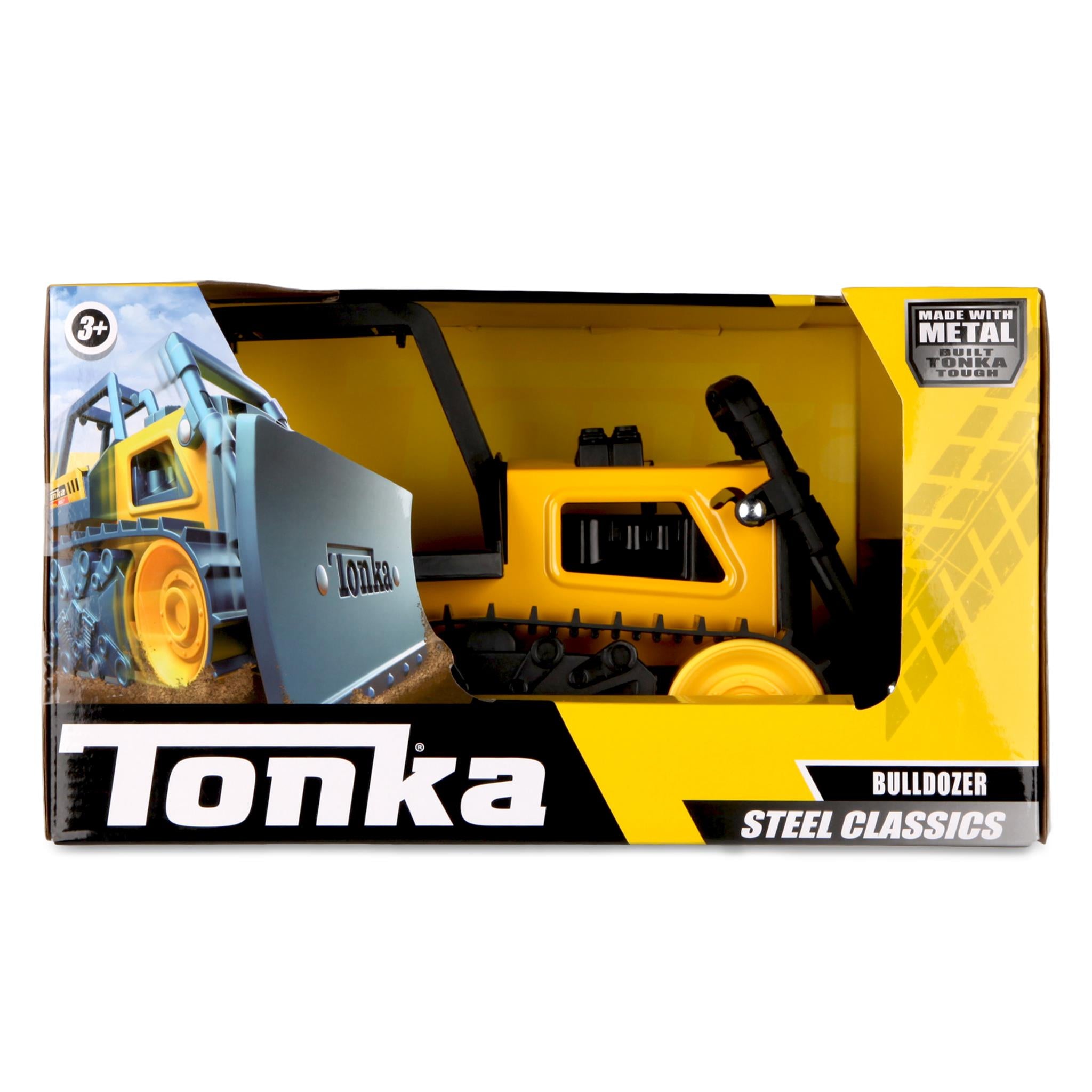 Tonka Steel Classics Bulldozer toy in yellow and black colors, packaged in a box with the Tonka logo visible.