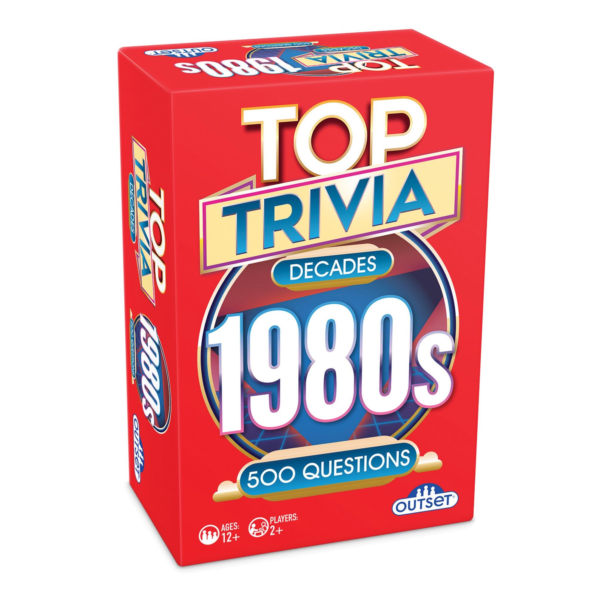 A card game box for 'Top Trivia: 1980s' with red background, white and yellow text, and a graphic indicating 500 questions.