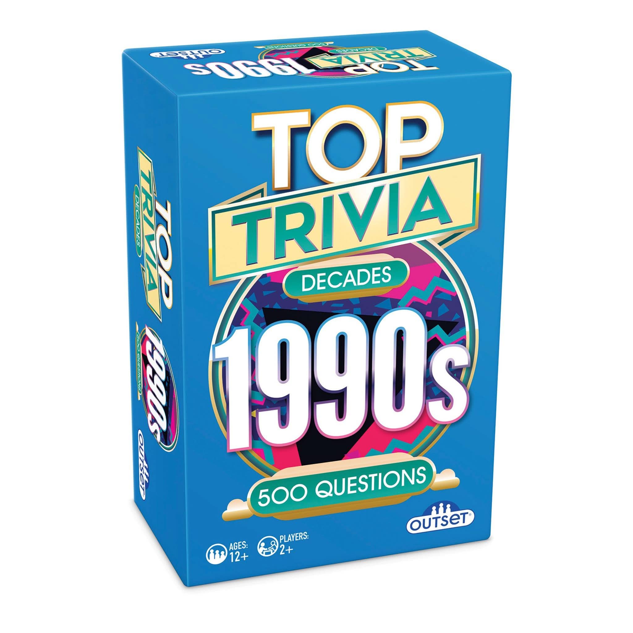 A card game box for 'Top Trivia: Decades 1990s' with vibrant, decade-themed graphics and text.