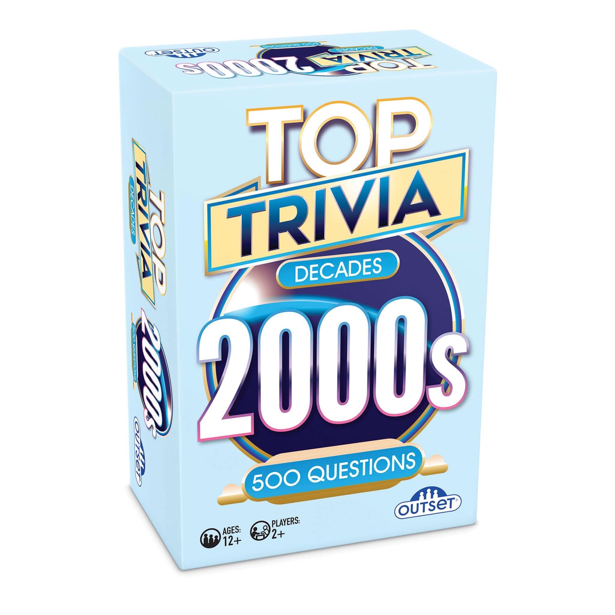 Packaging for 'Top Trivia: 2000s' game featuring 500 questions, with a blue background and white and pink text.