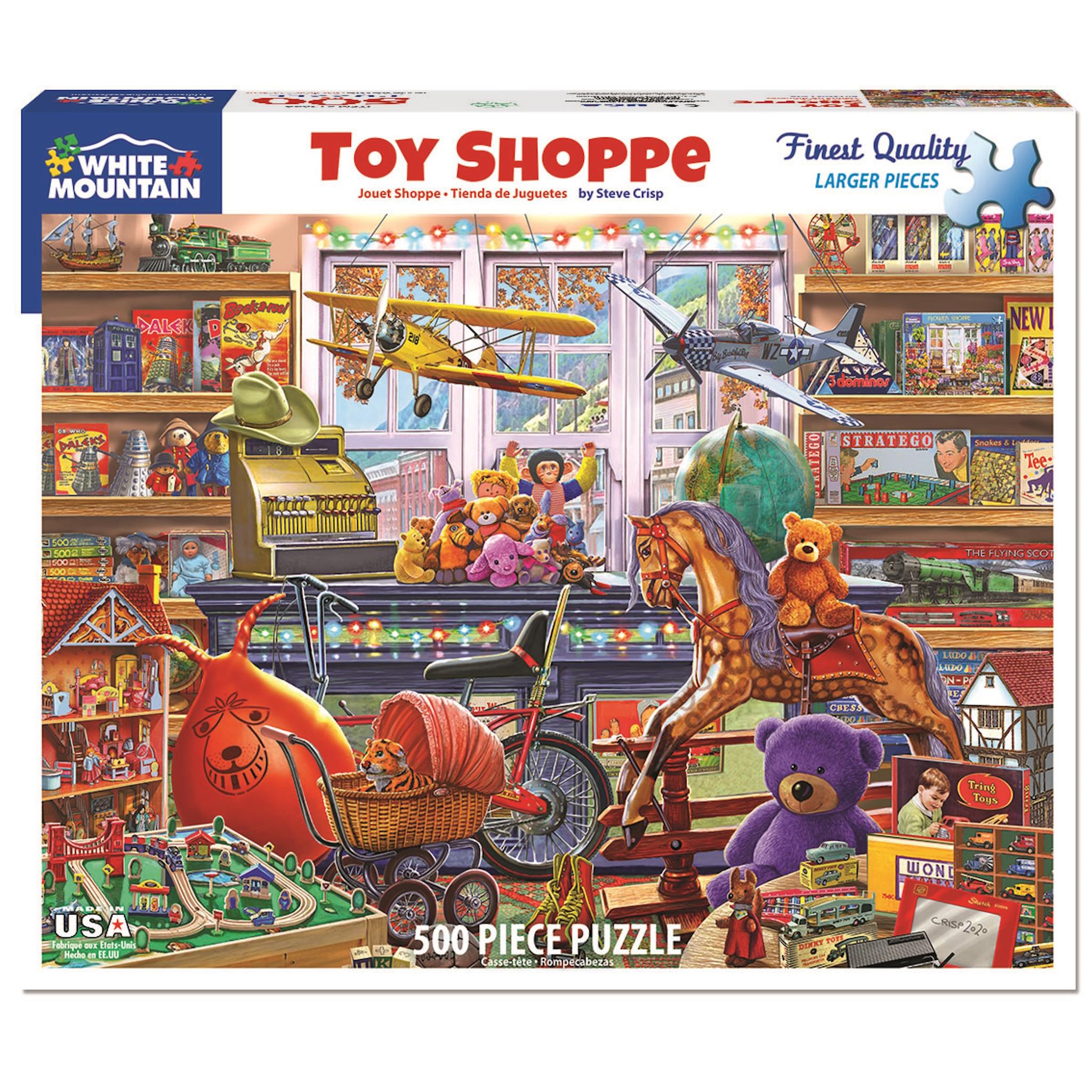 A 500 piece jigsaw puzzle depicting a vibrant toy shoppe scene with various toys displayed on shelves and a horse ride.