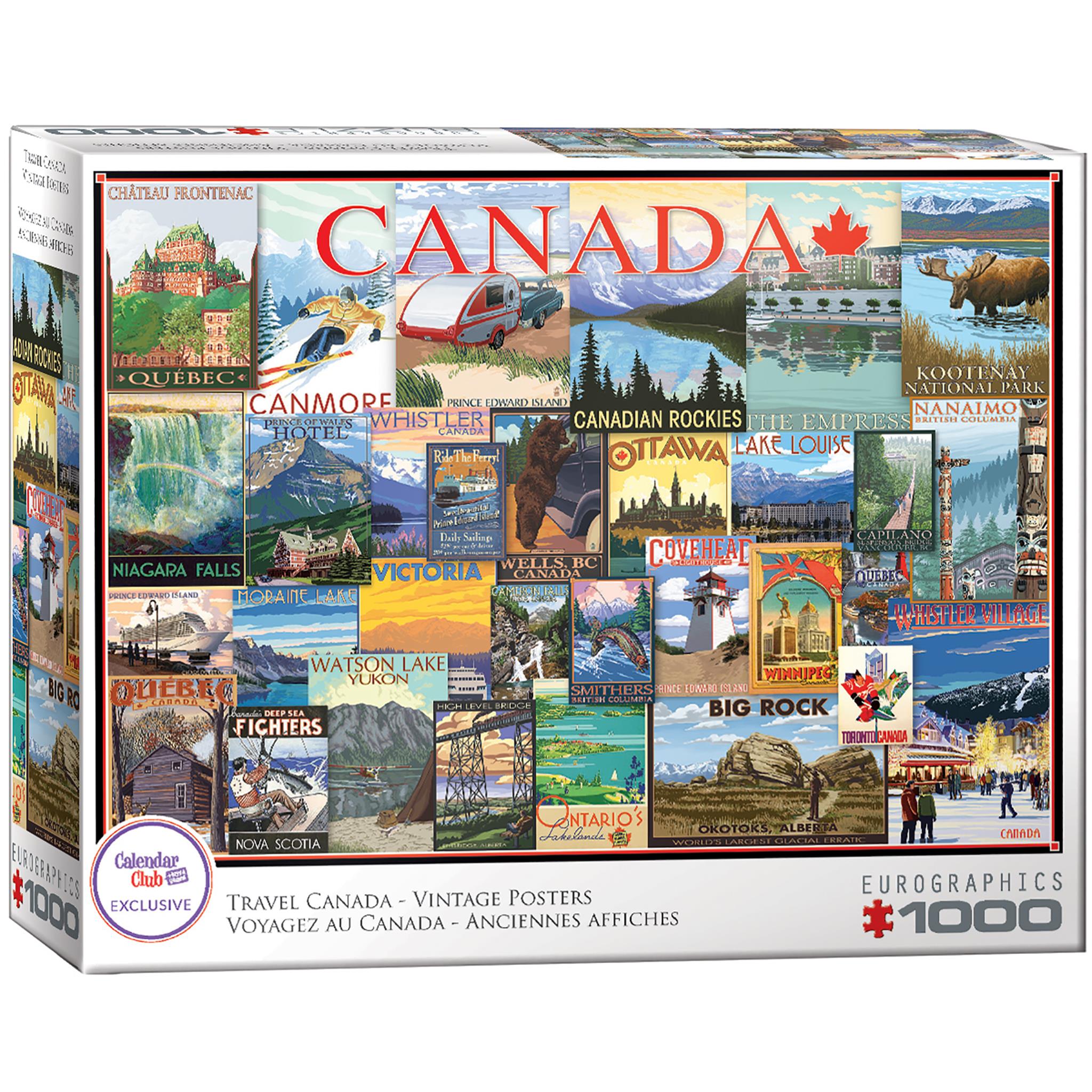A 1000-piece jigsaw puzzle box featuring various vintage travel posters of Canada, with images of Canadian landscapes and landmarks.