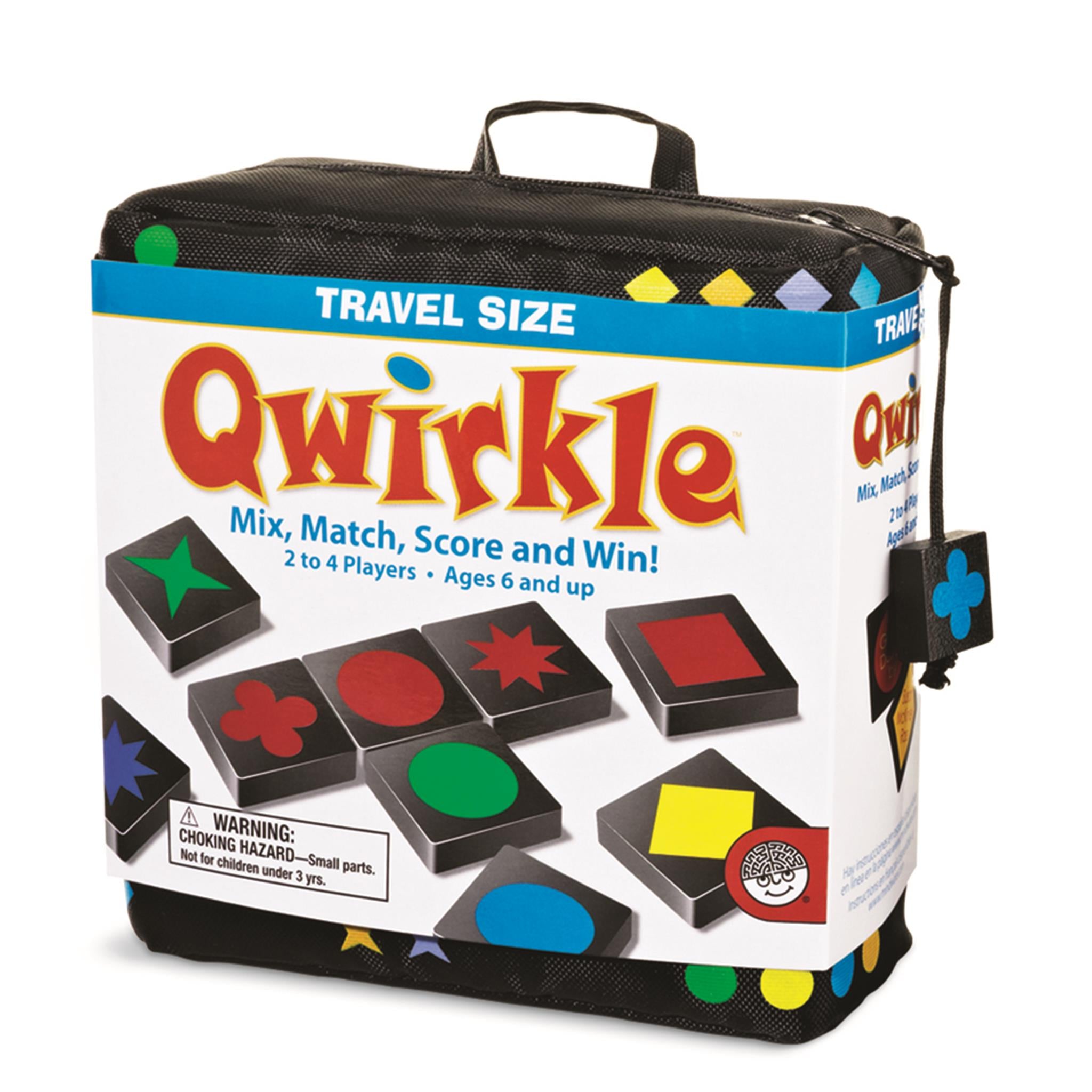 Travel-sized Qwirkle game packaging featuring a multicolored geometric shapes game where players mix, match, score, and win.