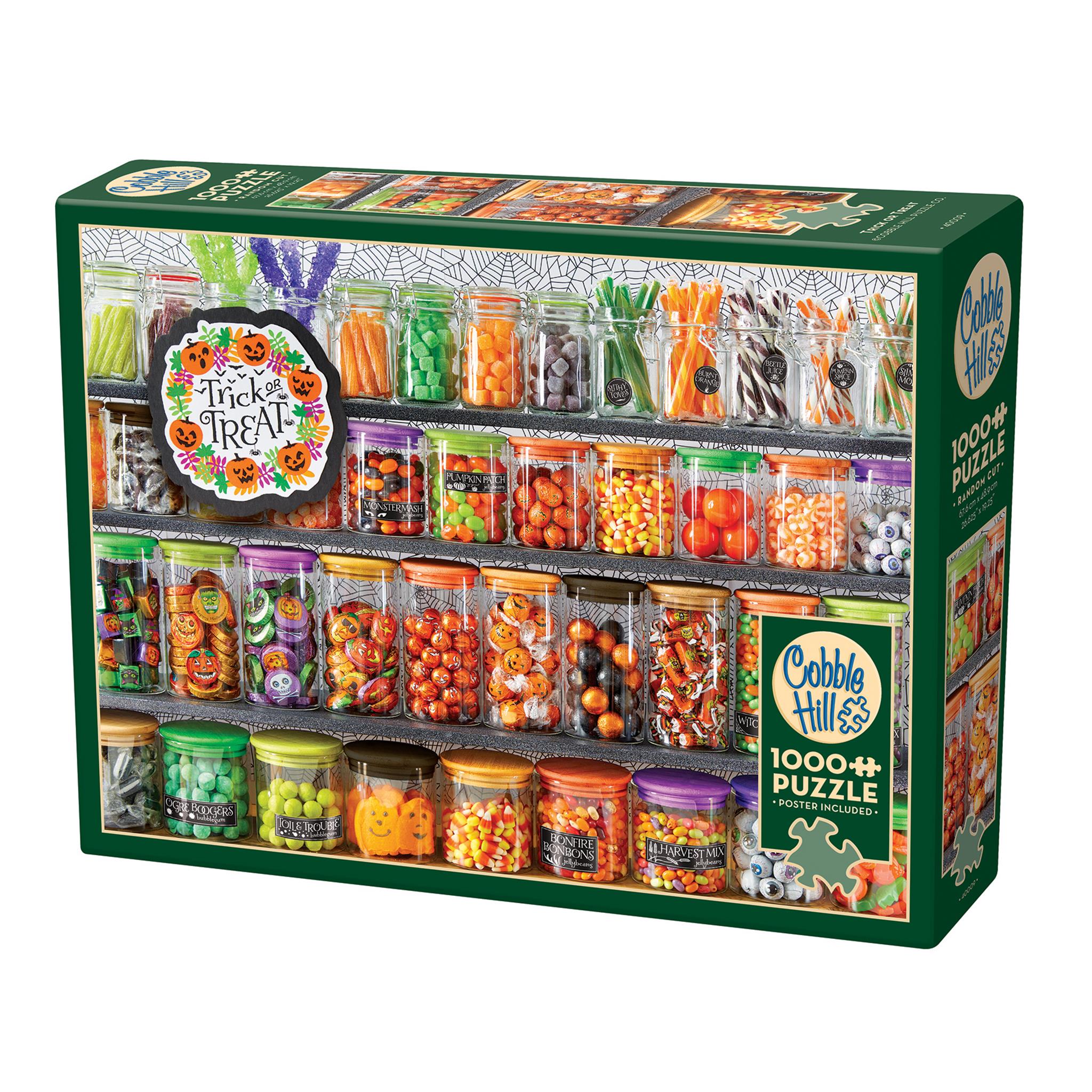 A 1000 piece Cobble Hill puzzle box featuring an illustrated image of various Halloween themed candies and treats.