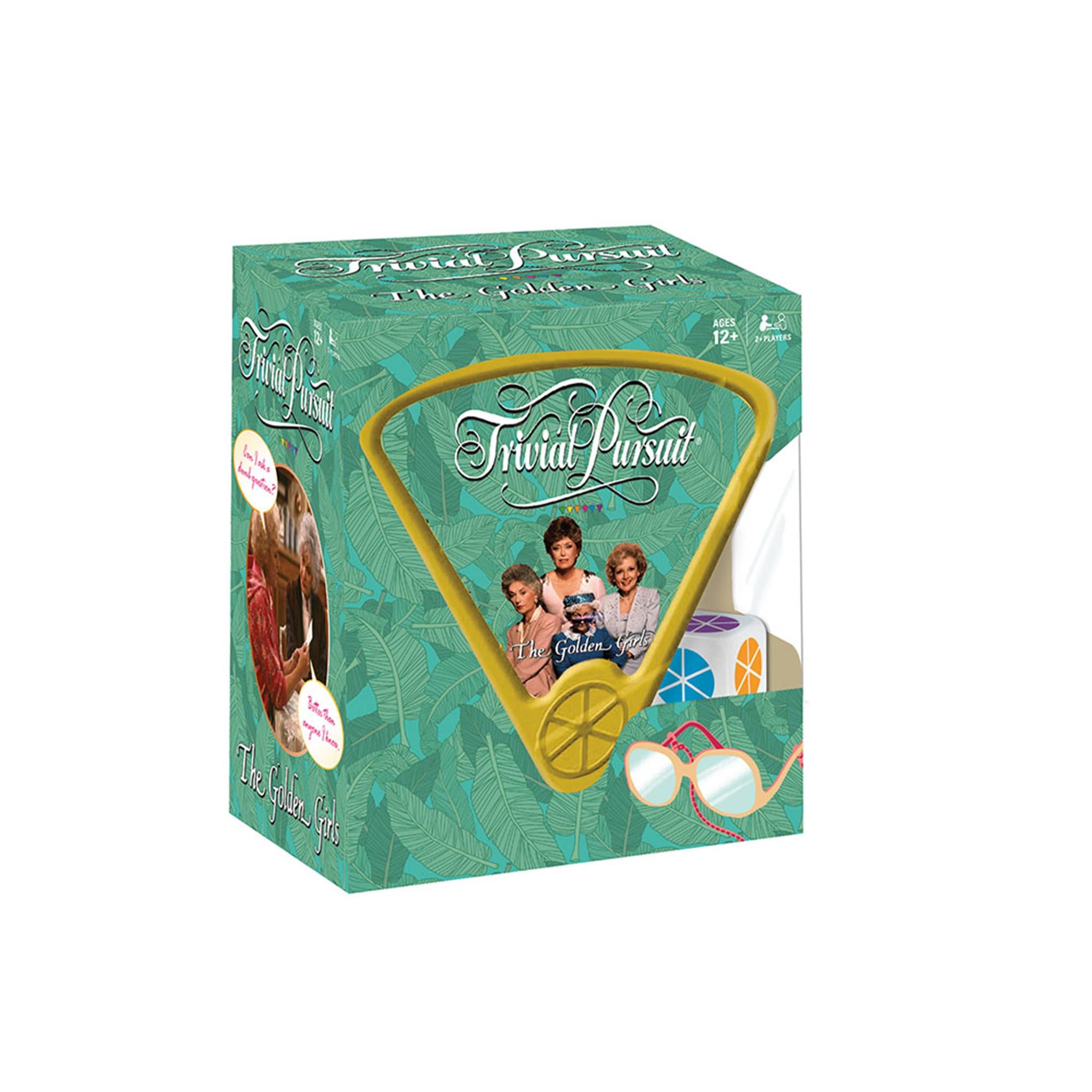 Boxed 'Trivial Pursuit: The Golden Girls' edition board game featuring images of the TV show characters and the game components through the clear window of the box.