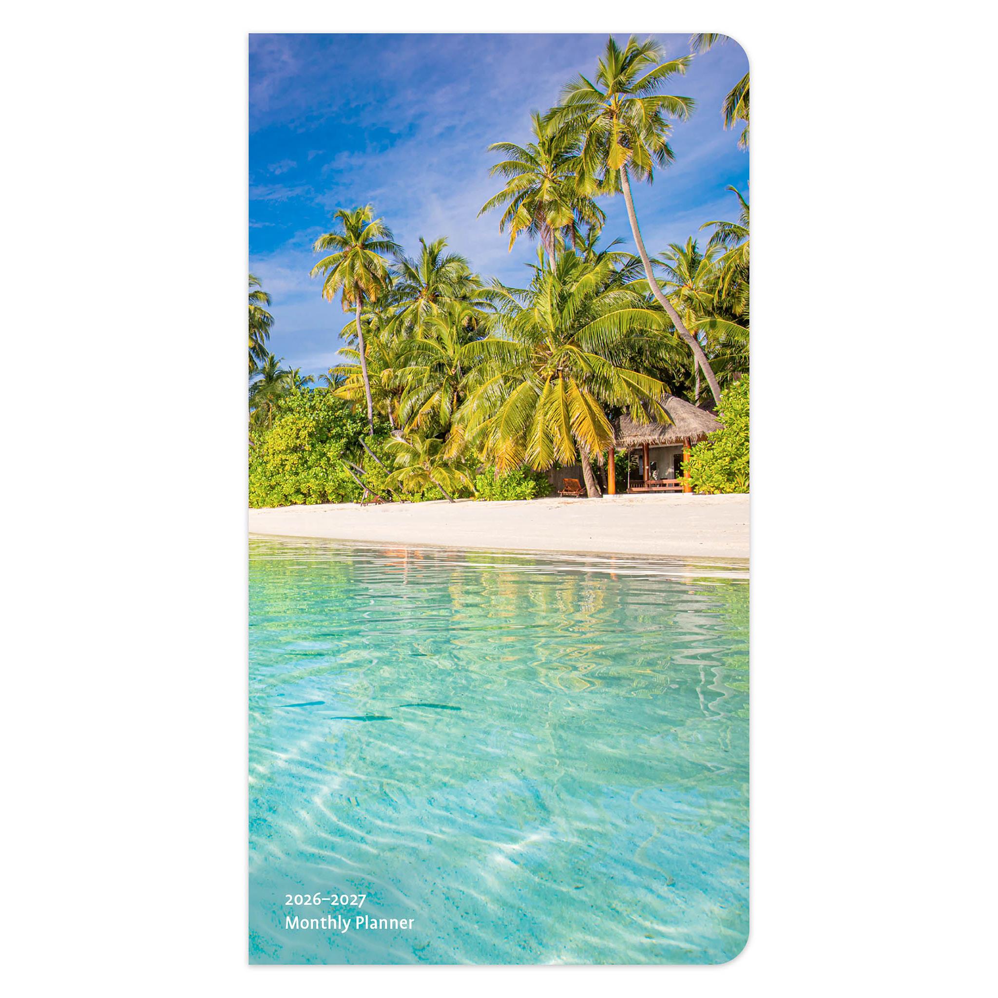 Cover of the Tropical Islands 2026 2 Yr Pocket Planner Calendar featuring a vibrant image of a tropical beach scene with palm trees and clear blue water.