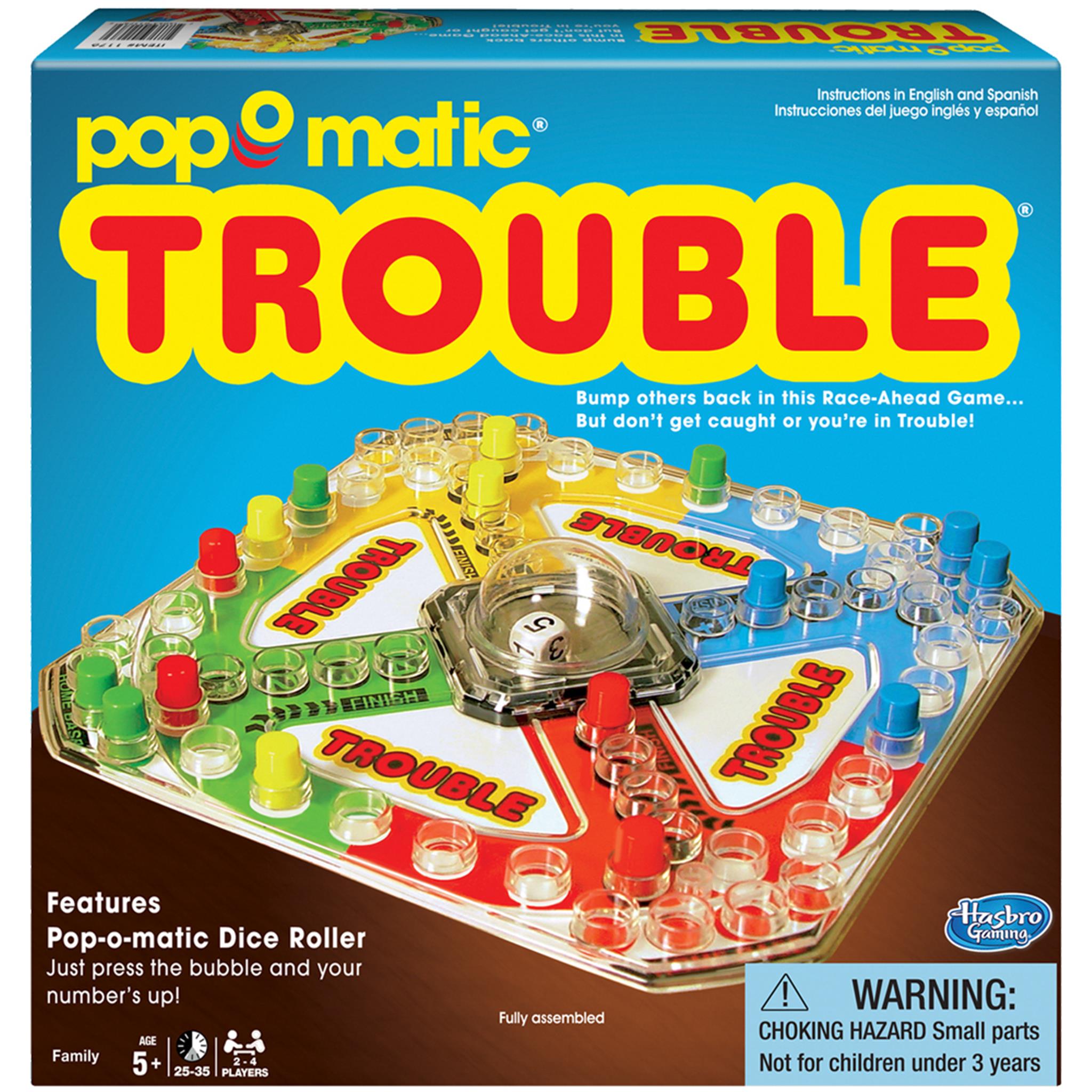 Packaging for the board game Trouble, featuring the game board with multicolored pegs and dice, and the game's name displayed prominently.