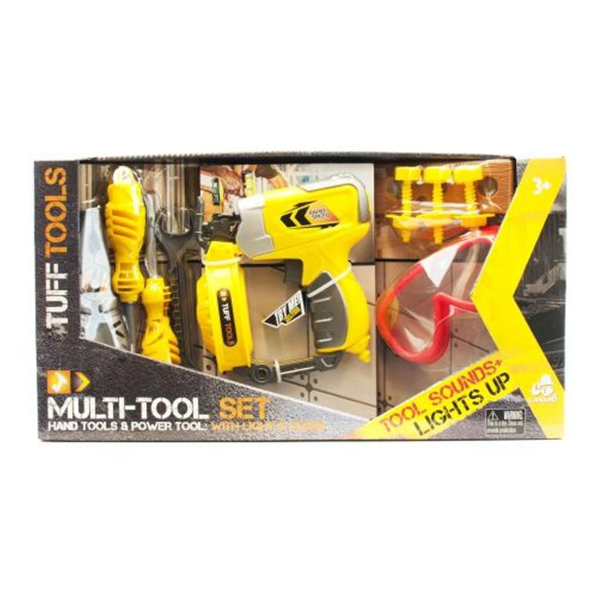 A packaged toy multi-tool set including various yellow and black tools such as a drill, hammer, and saw.