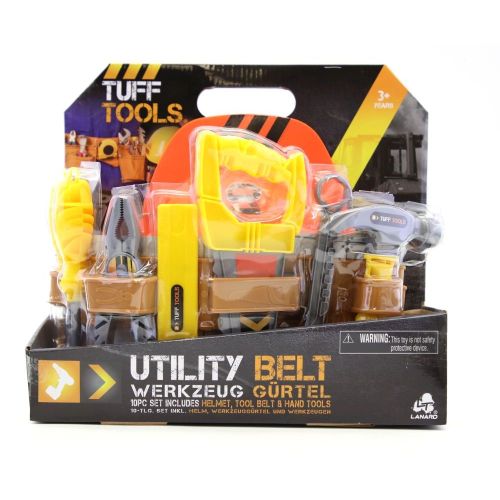 A Tuff Tools Utility Belt Combo Set with a yellow belt, gray handle, and six hand tools including a hammer, saw, and wrench, packaged in black and orange cardboard.