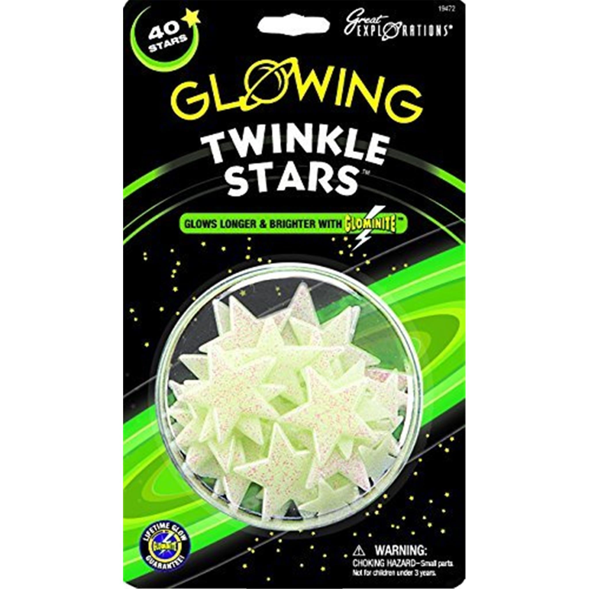 Packaging of University Games Glow In The Dark Twinkle Stars, featuring a clear window displaying the glow-in-the-dark stars inside, with green and black branding elements.