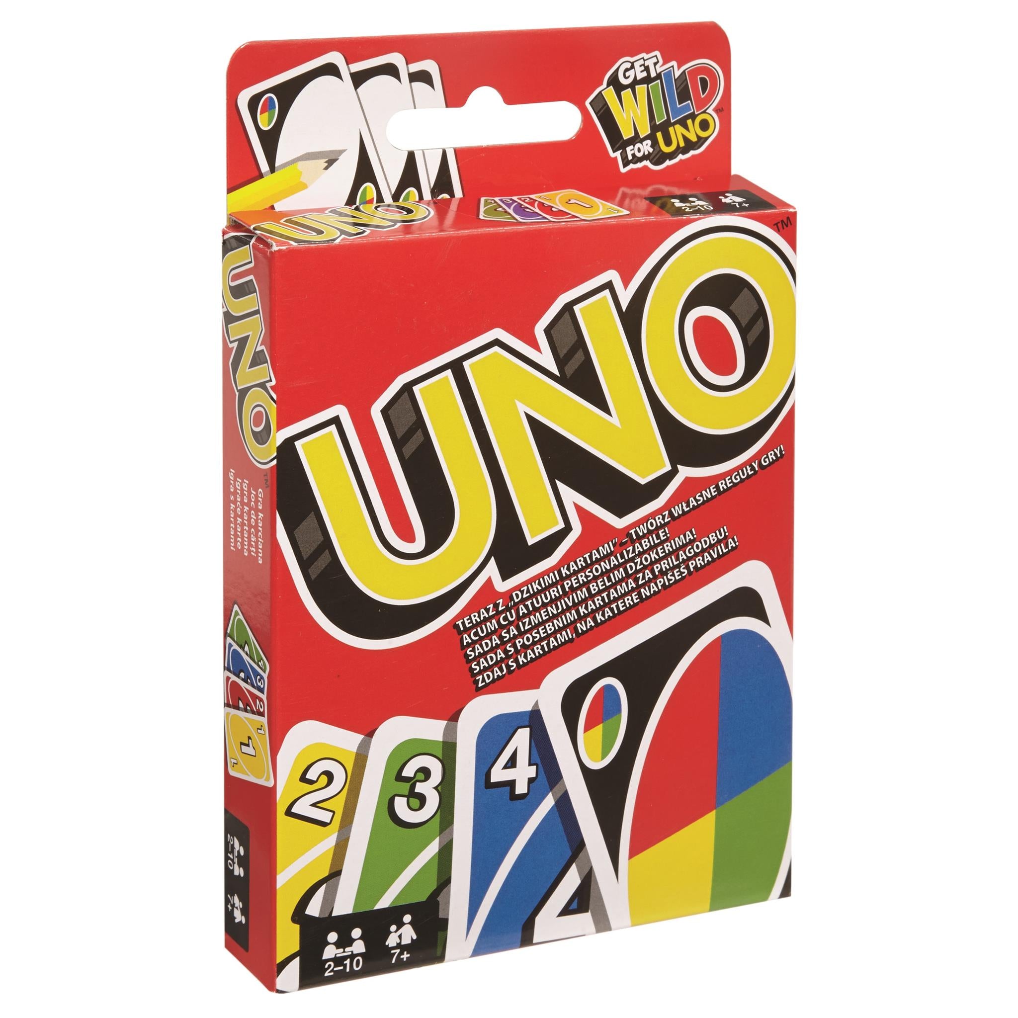A package of the UNO Card Game featuring the game's logo and colorful card illustrations on a red background.