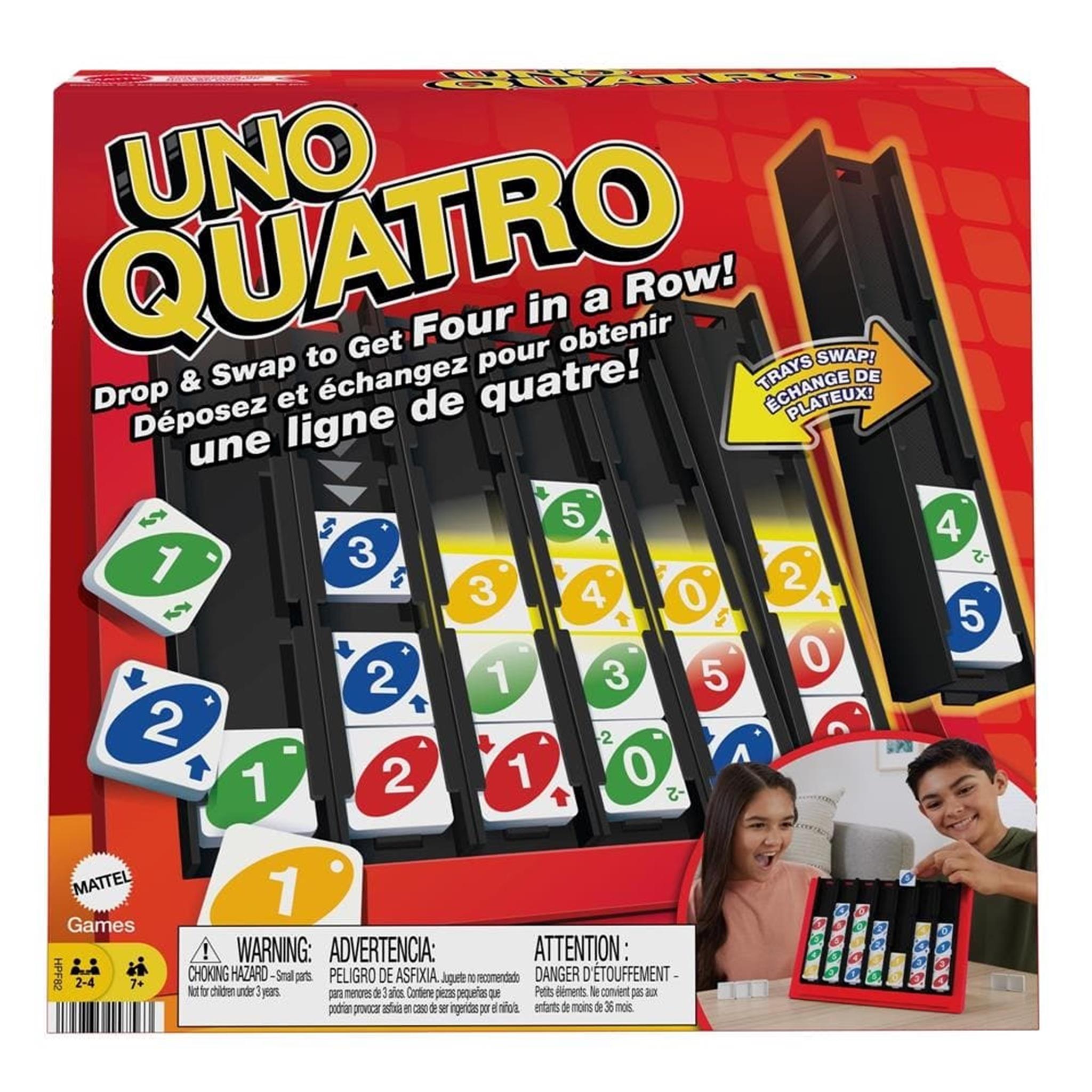 Packaging for the UNO Quatro card game featuring the game board and tiles with instructions in both English and French.