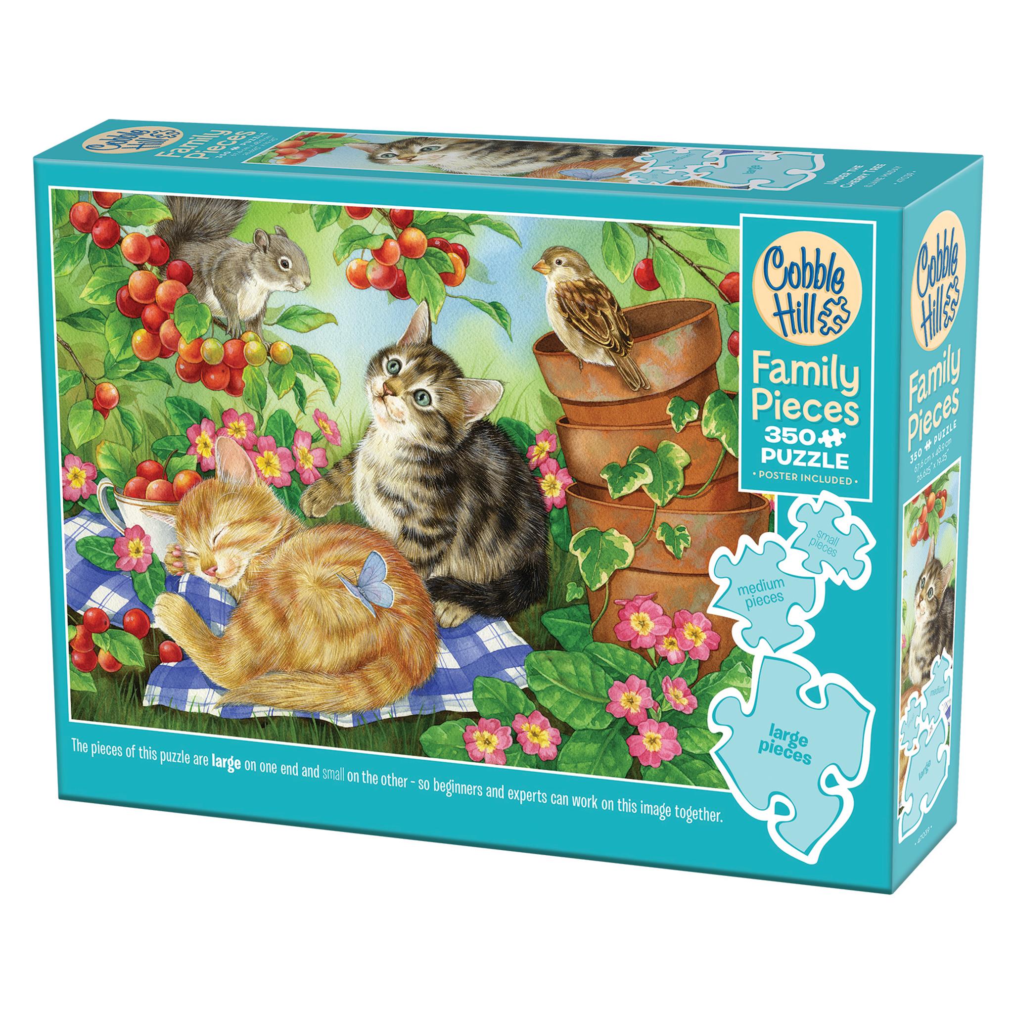 A puzzle box featuring an illustration of kittens, birds, and squirrels among cherry blossoms, with a mix of large and small puzzle pieces displayed.