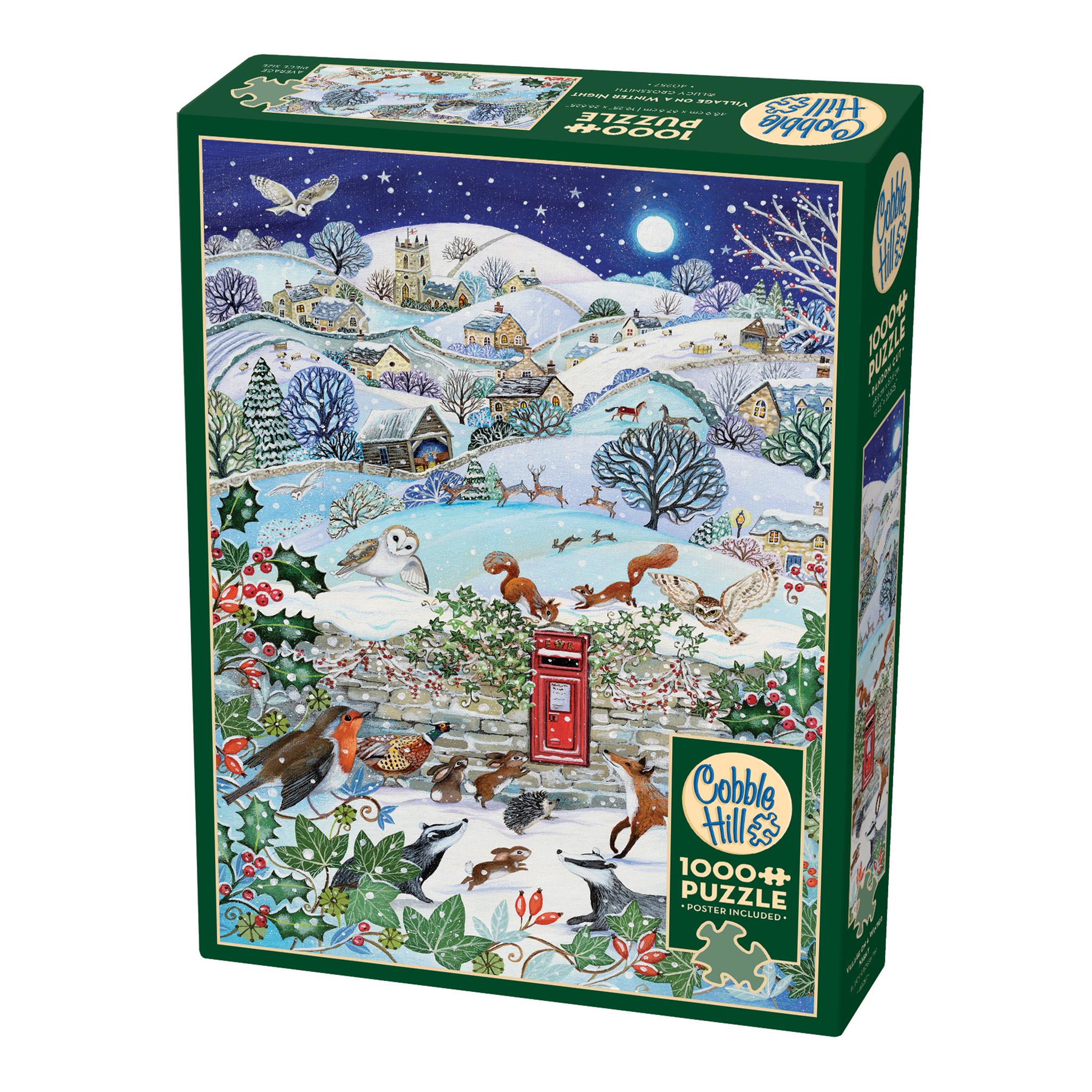 A 1000 piece Cobble Hill puzzle box featuring an illustrated winter scene with a village, mailbox, and animals.