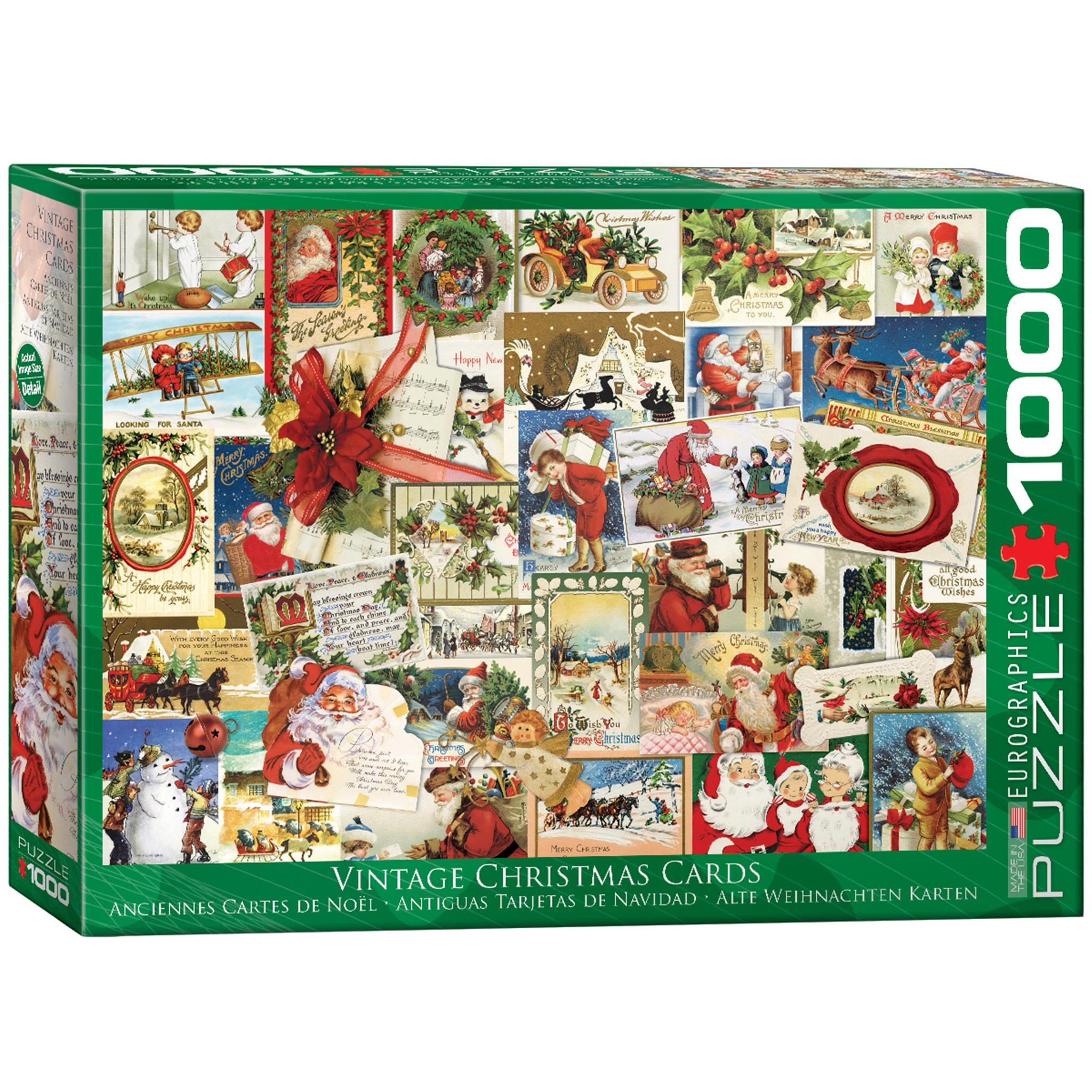 A 1000-piece jigsaw puzzle box featuring various vintage Christmas cards with Santa Claus, presents, and festive holiday designs.