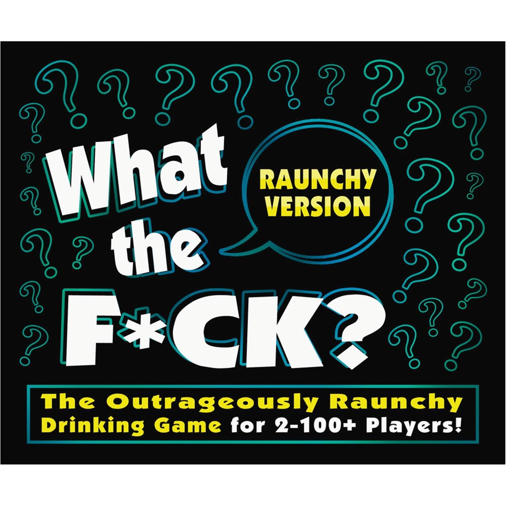 The image displays the product title 'What the F*CK? The Outrageously Raunchy Drinking Game for 2-100+ Players!' with a graphic of a question mark, suggesting a game of猜测他人答案的派对游戏。.