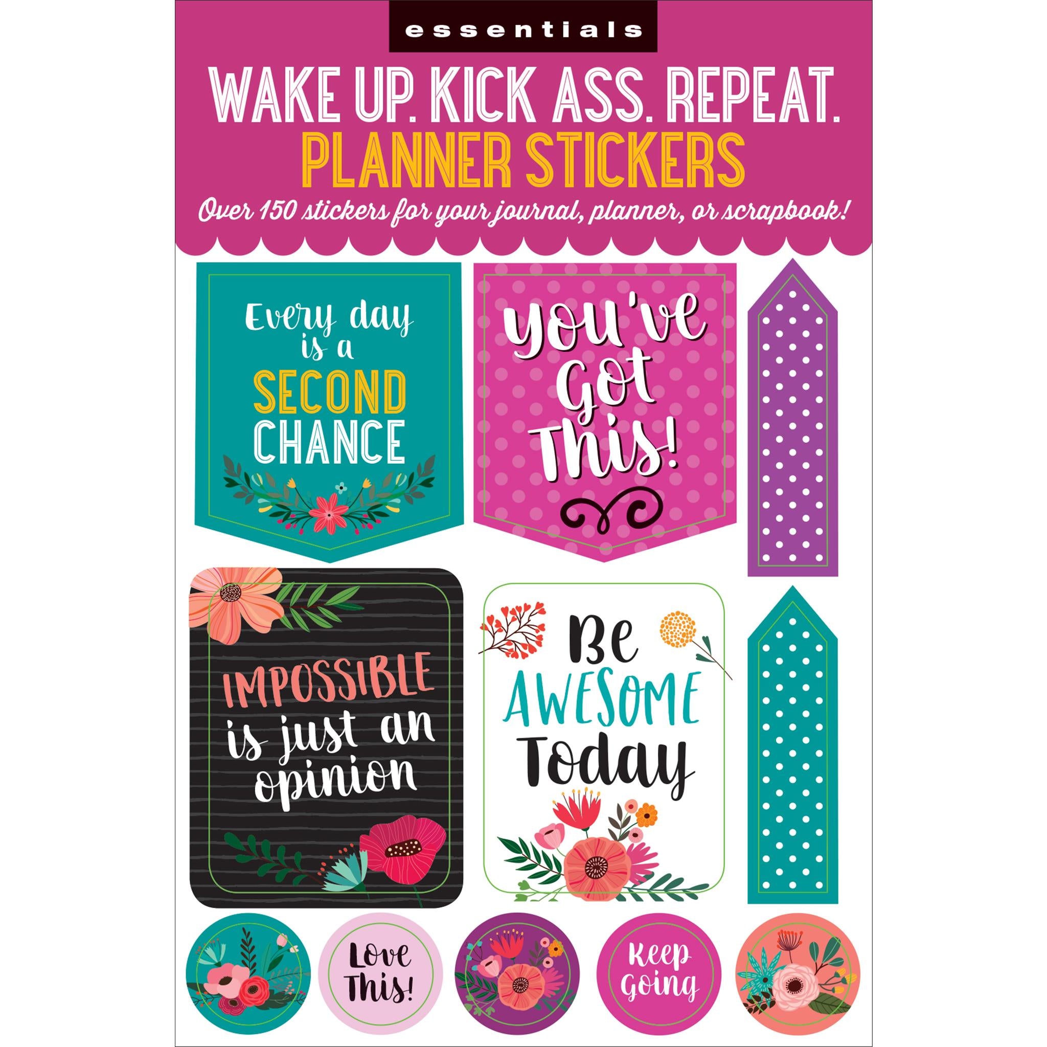 A variety of colorful planner stickers with motivational phrases and designs, intended for use in journals, planners, or scrapbooks.
