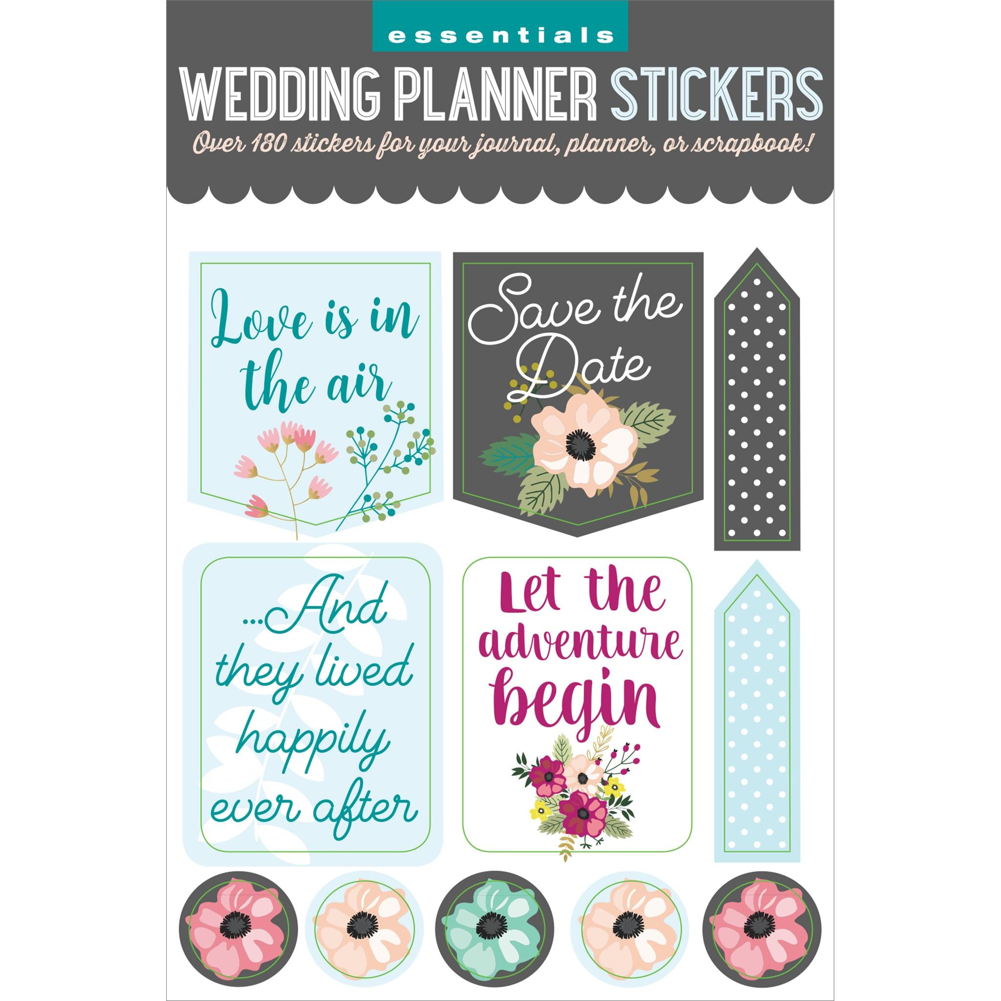 A package of Wedding Planner Stickers featuring various designs including text phrases like 'Love is in the air' and 'Save the Date', along with floral patterns and decorative elements.