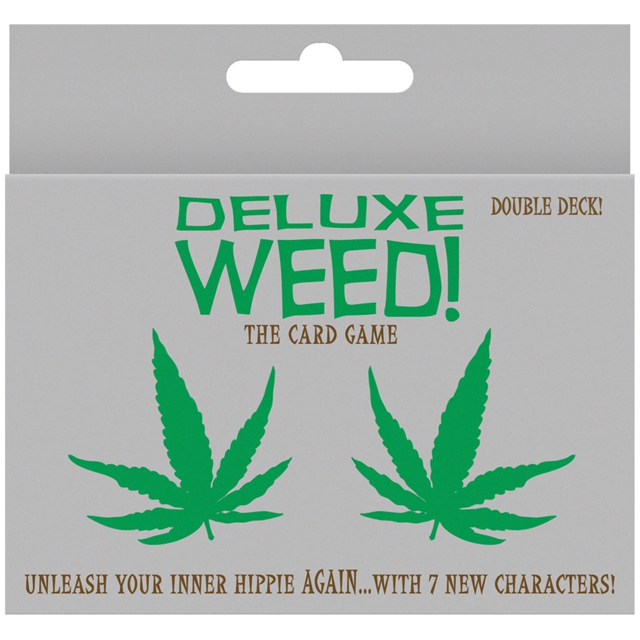 Packaging for the Deluxe Weed! card game featuring the game's title and green cannabis leaf symbols.