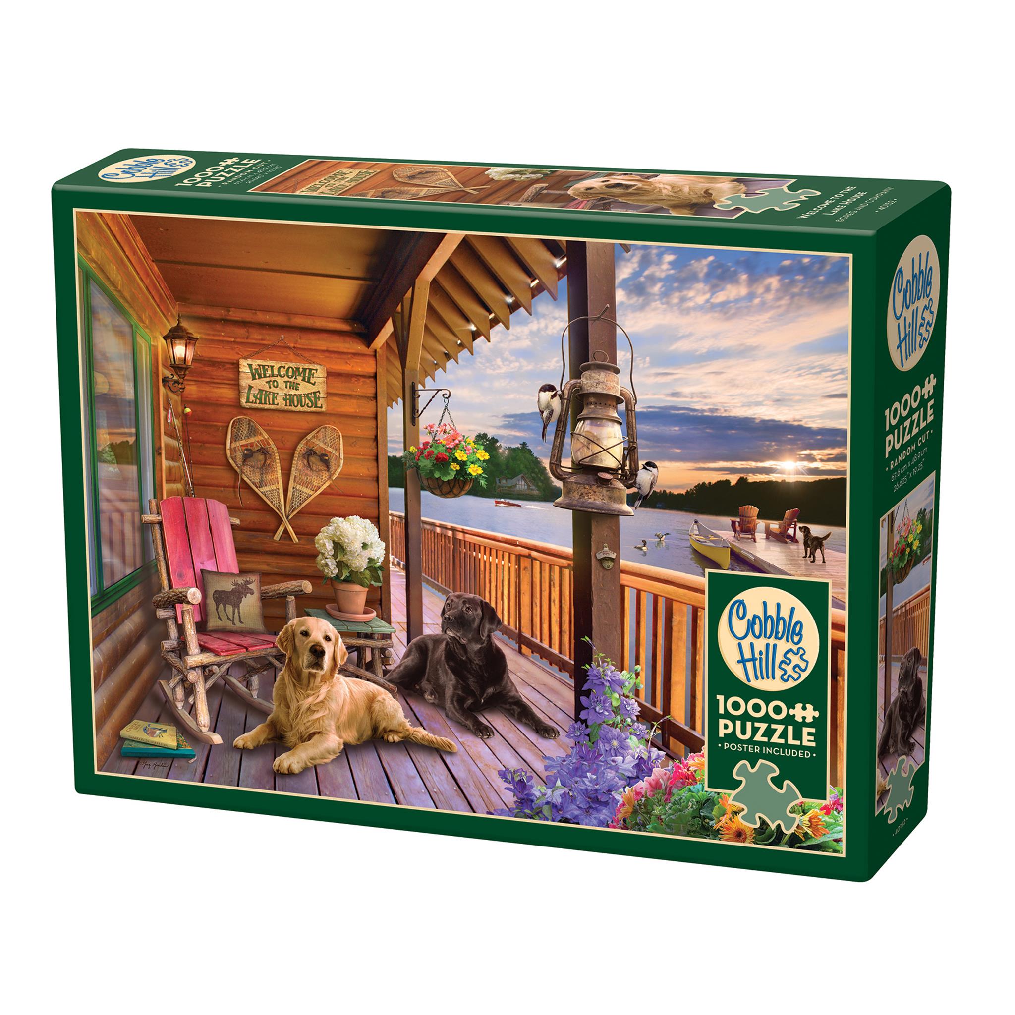 A 1000 piece Cobble Hill puzzle box featuring an illustration of a cottage deck with two dogs, Adirondack chairs, and a canoe.