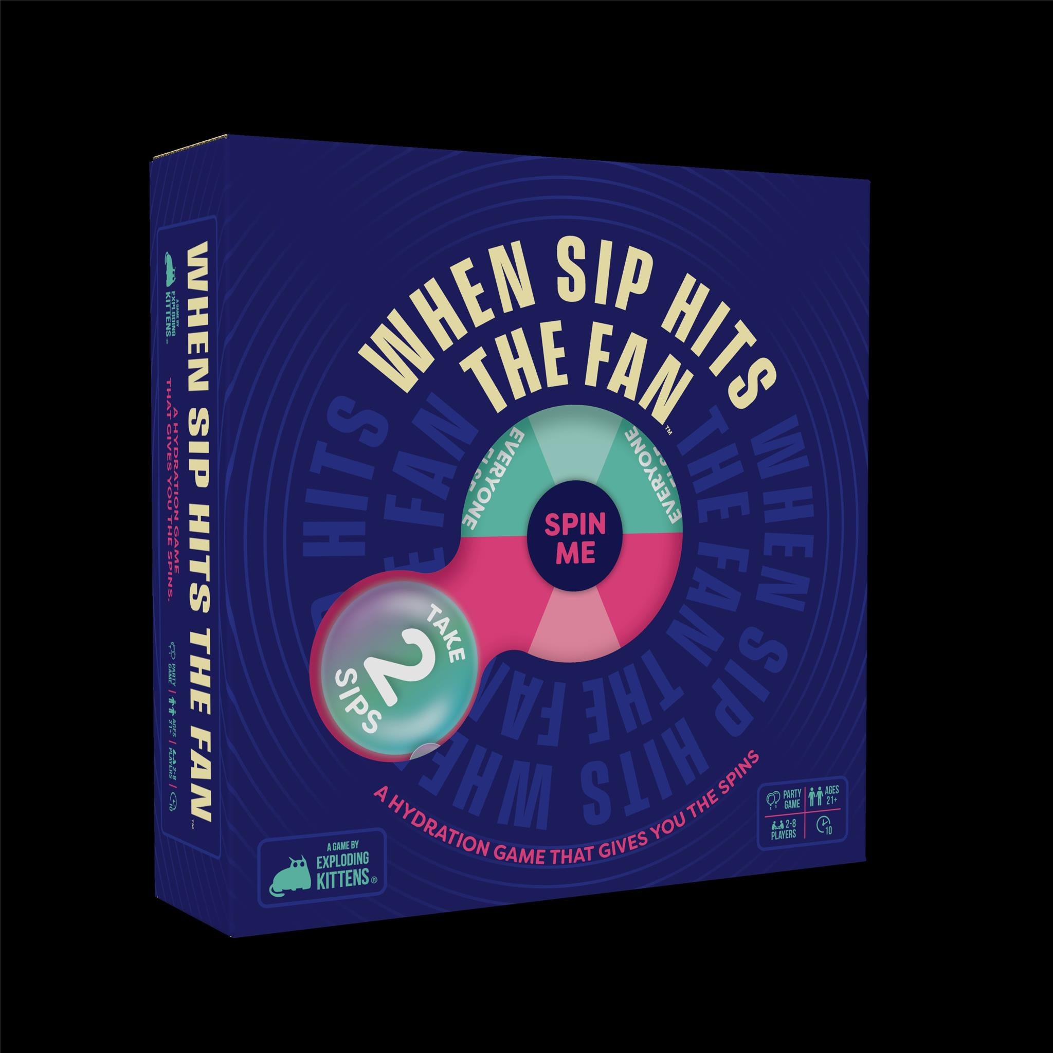 Board game box cover for 'When Sip Hits the Fan' featuring a spinner and text detailing the game's name and description.
