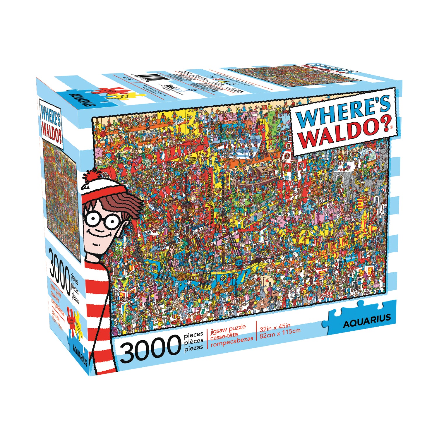 A boxed 3000 piece jigsaw puzzle featuring a colorful, busy scene with the character Waldo hidden among other figures.