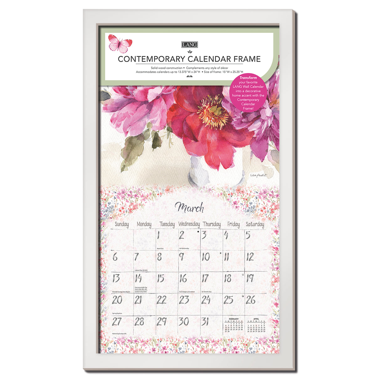 A white contemporary wooden calendar frame displaying a March calendar month with floral artwork on the wall.